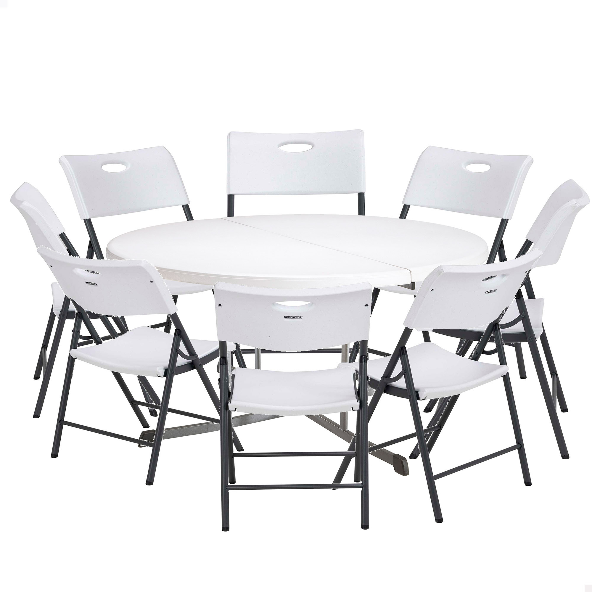 Lifetime - Pack mesa redonda Ø152 cm y 8 sillas plegables, color blanco, fabricadas en HDPE y acero resistente, con protección UV, patas con topes protectores, ideal para interior y exterior, perfecto para evento, jardín y hostelería