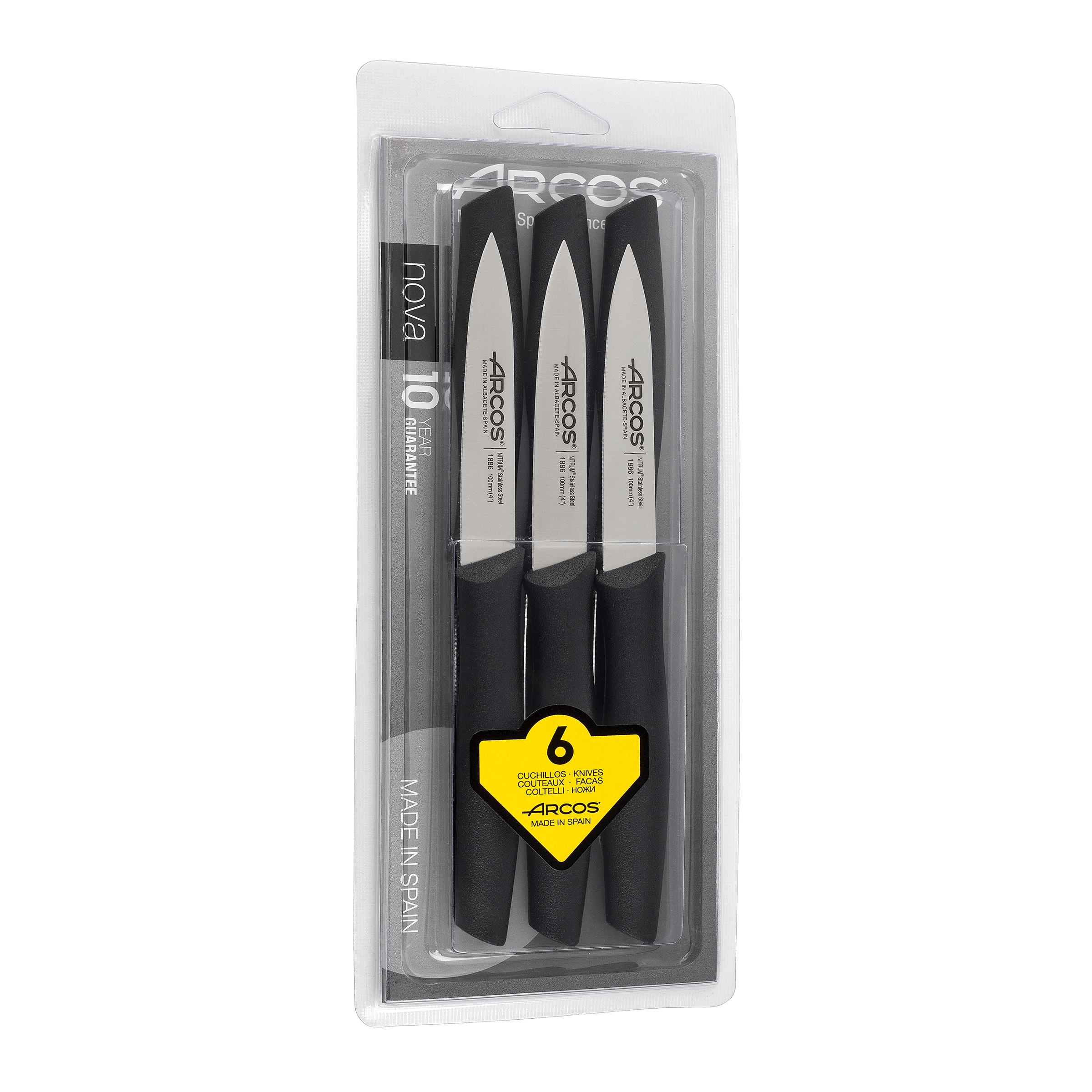 ARCOS Juego de 6 Cuchillos Mondadores con Hoja de 100mm en Acero Inoxidable y Mango de Polipropileno. Set de Cuchillos de cocina para Pelar Apto para Lavavajillas. Serie Nova. Color Negro
