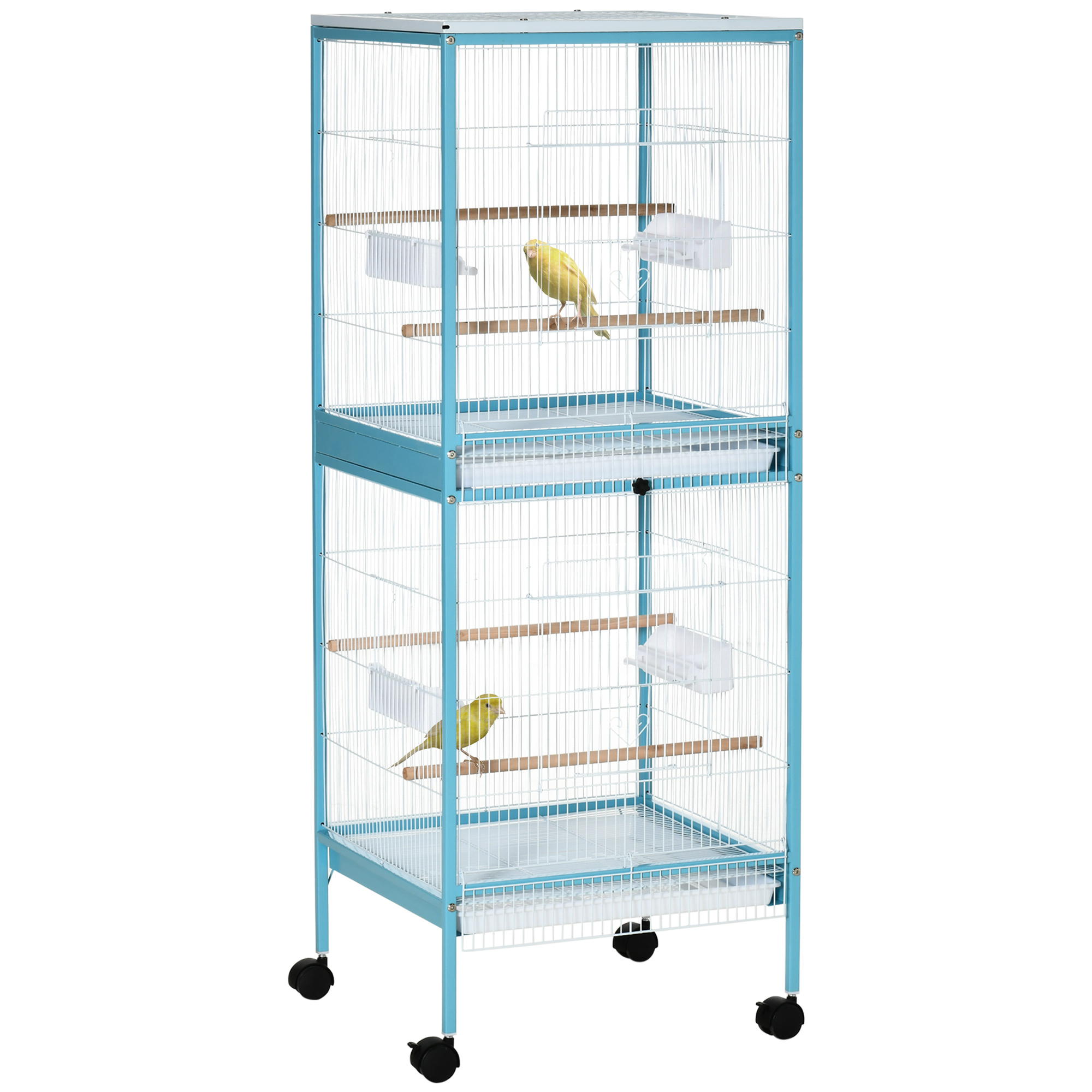 PawHut Jaula para Pájaros con Ruedas Jaula Grande de 2 Niveles Pajarera con Bandejas Extraíbles Puertas Comederos Perchas para Canarios Periquitos 51,5x50x140 cm
