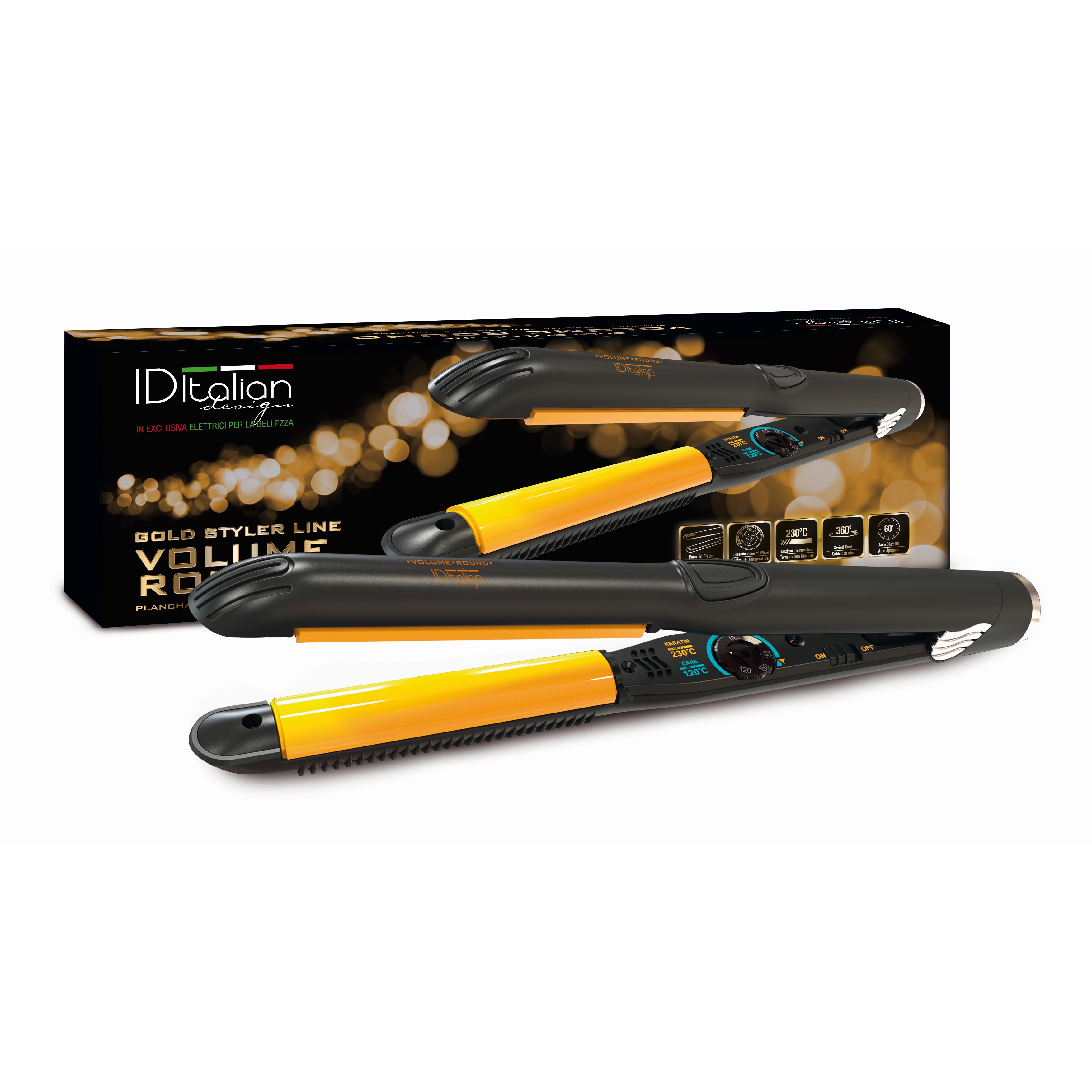 Italian Design - Plancha de Pelo Gold Styler Volume Round con Placas Curvadas de Cerámica Perfecta para Alisar el Pelo y Hacer Bucles - Rueda de Control de Temperatura desde 120º a 230º, Cable con Giro de 360º, Indicador LED de Encendido