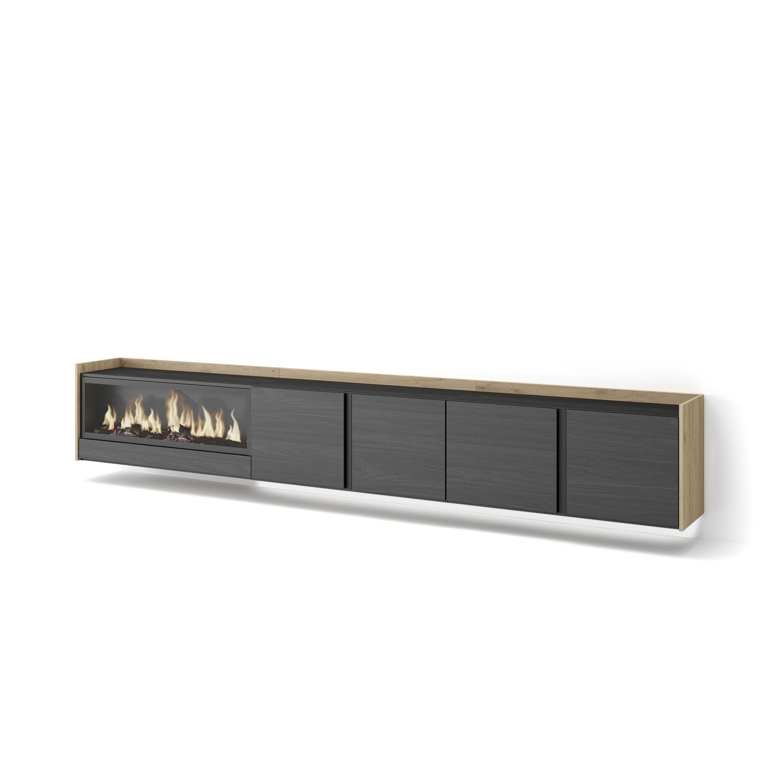 Mueble TV, Televisión, 315x35x50cm, Para TV hasta 80", Chimenea eléctrica XXL, Colgado, Suspendido, LED
