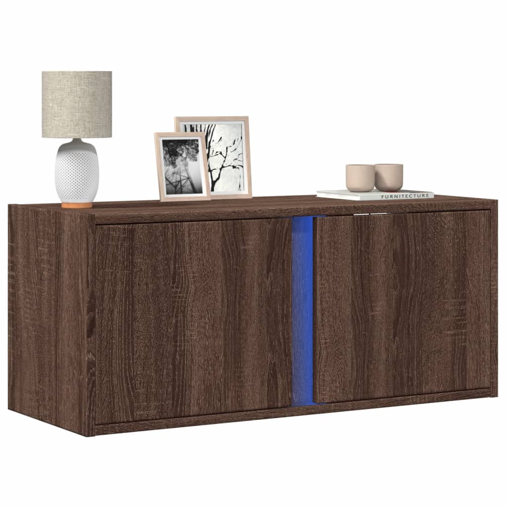 vidaXL Mueble de TV de pared con luces LED 80x31x35 cm en color Negro/Roble ahumado/Marrón roble y más | almacenamiento funcional diseño moderno para baño dormitorio sala