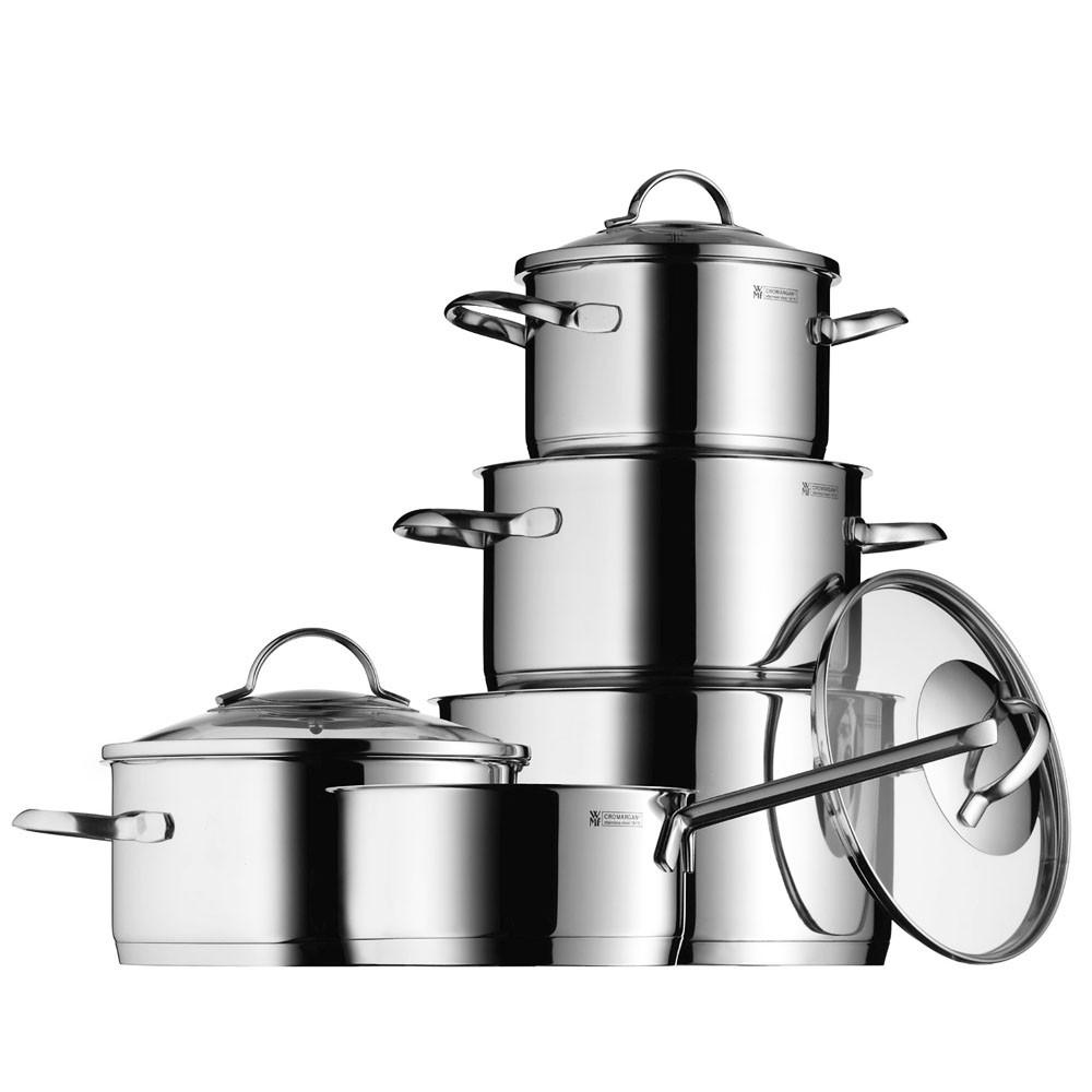 Conjunto de Cocina WMF Provence Plus – Batería de 4 o 5 Piezas en Acero Inoxidable Cromargan® con Base TransTherm®, Ideal para Todo Tipo de Cocinas, Incluye Tapas de Cristal