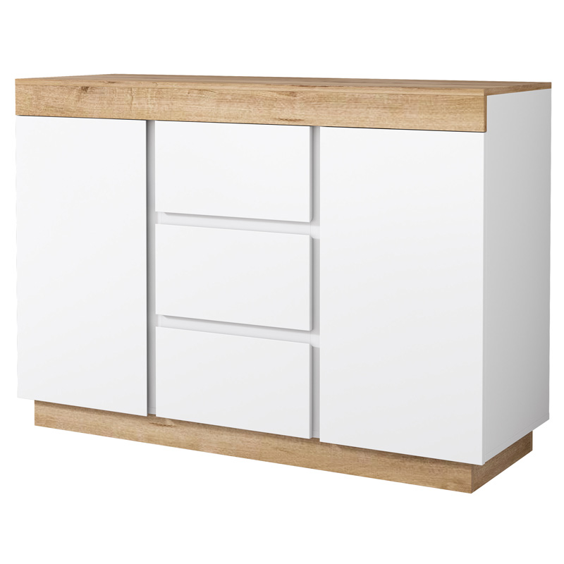 Commode blanche et chêne avec 3 tiroirs et 2 portes pour chambre et salon