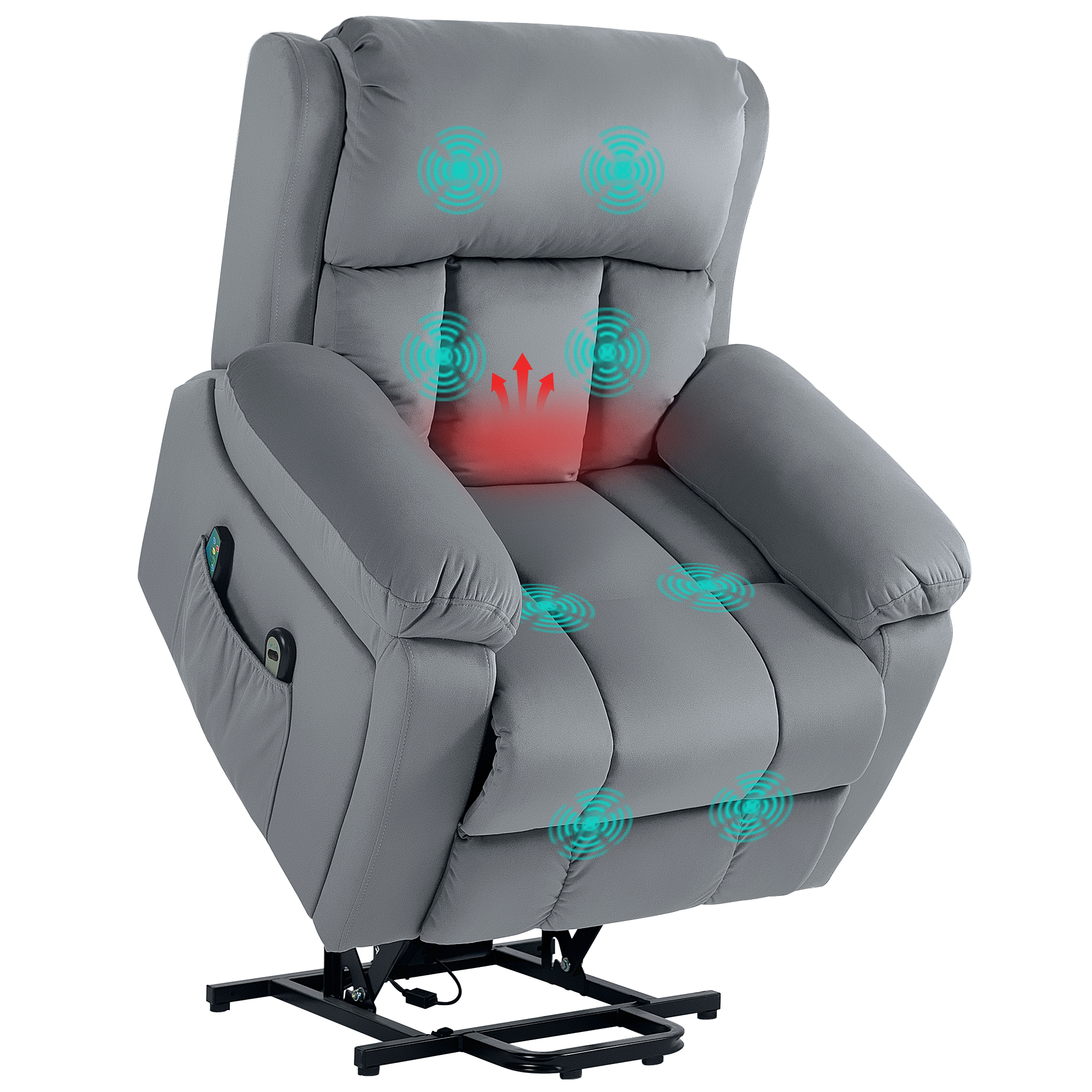 HOMCOM Sillón Relax Reclinable Eléctrico Levanta Personas, con Masaje Vibratorio y Calor, Sillón Elevador, con Control Remoto, Reposapiés, Tapizado en Cuero Sintético, Bolsillos, Gris