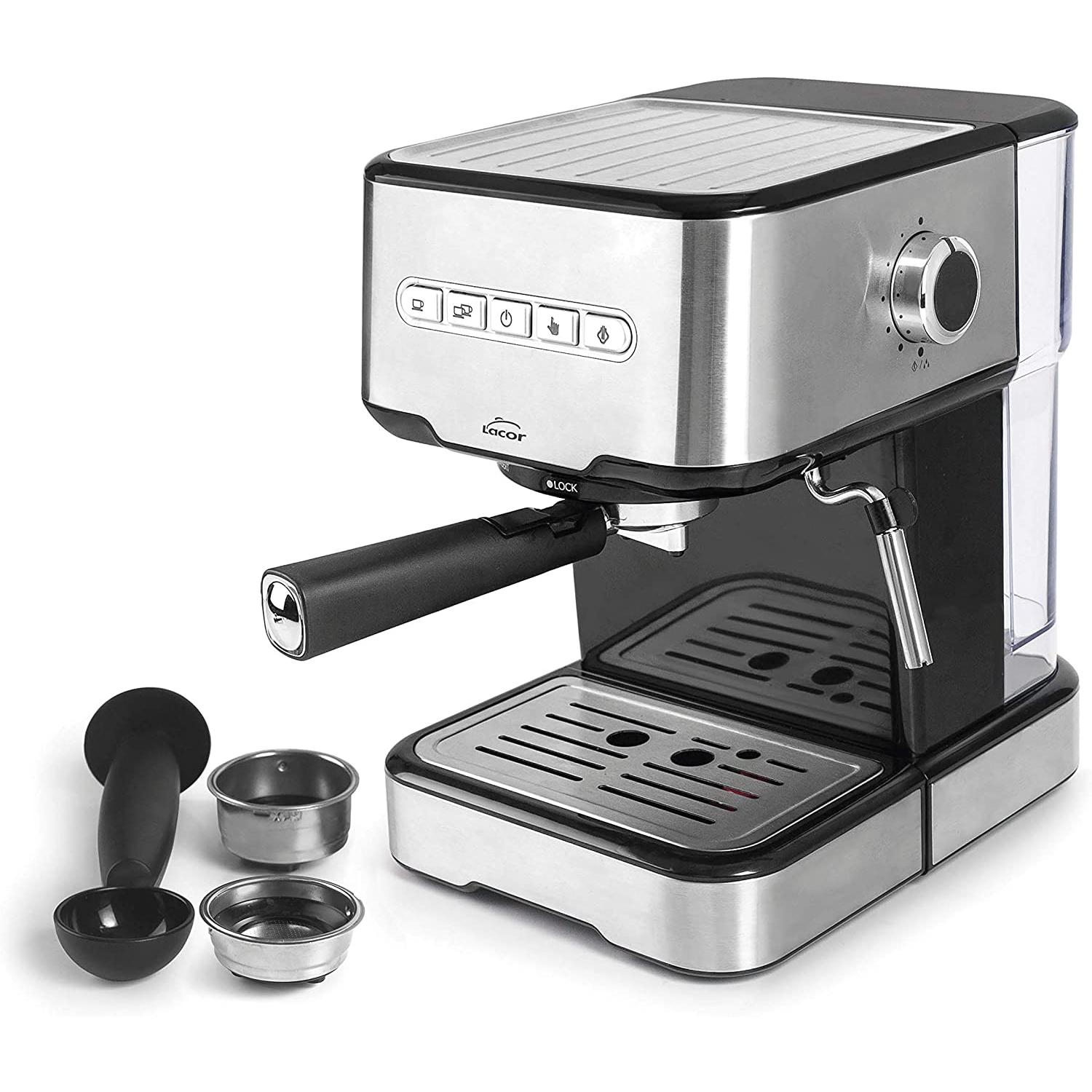 Lacor 69256 - Cafetera espresso con 2 salidas de café y función de calentar/espumar la leche, apta para café molido y cápsulas ESE, 21x26'5x30 cm