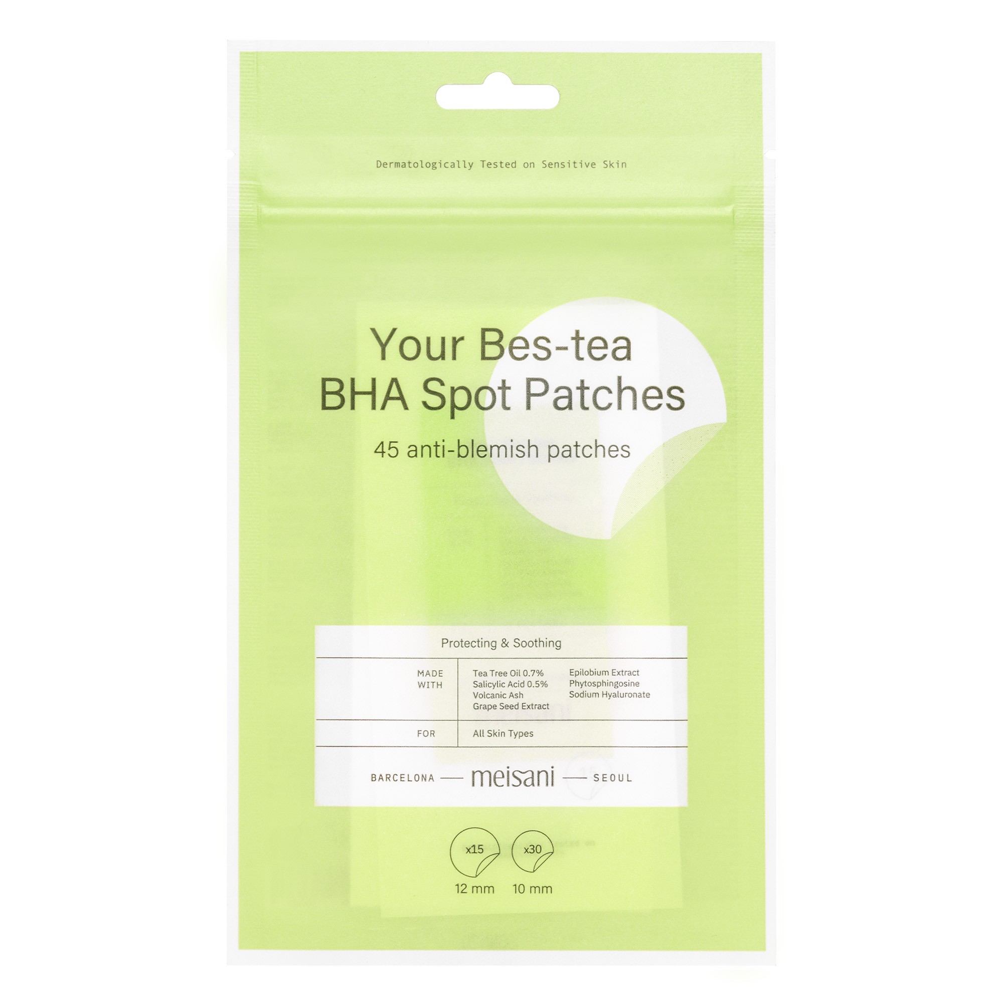 Meisani - YOUR BES-TEA BHA SPOT PATCHES - Parches para granos con aceite de árbol de té y ácido salicílico. - 45 unidades