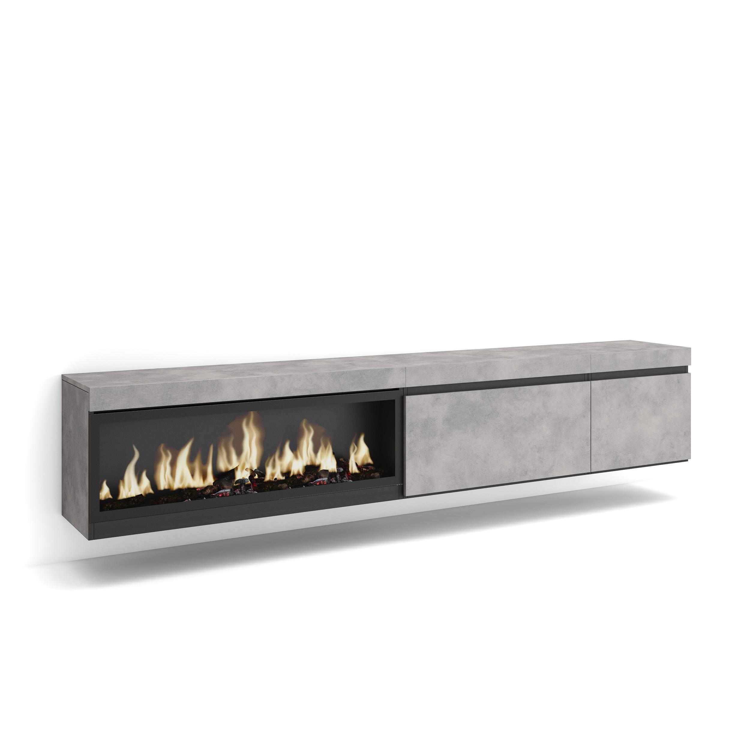 Skraut Home, Mueble TV, Televisión, Muebles de salón, almacenaje adicional, 237x35x45cm, Chimenea eléctrica XXL led efecto fuego 3d, Colgado