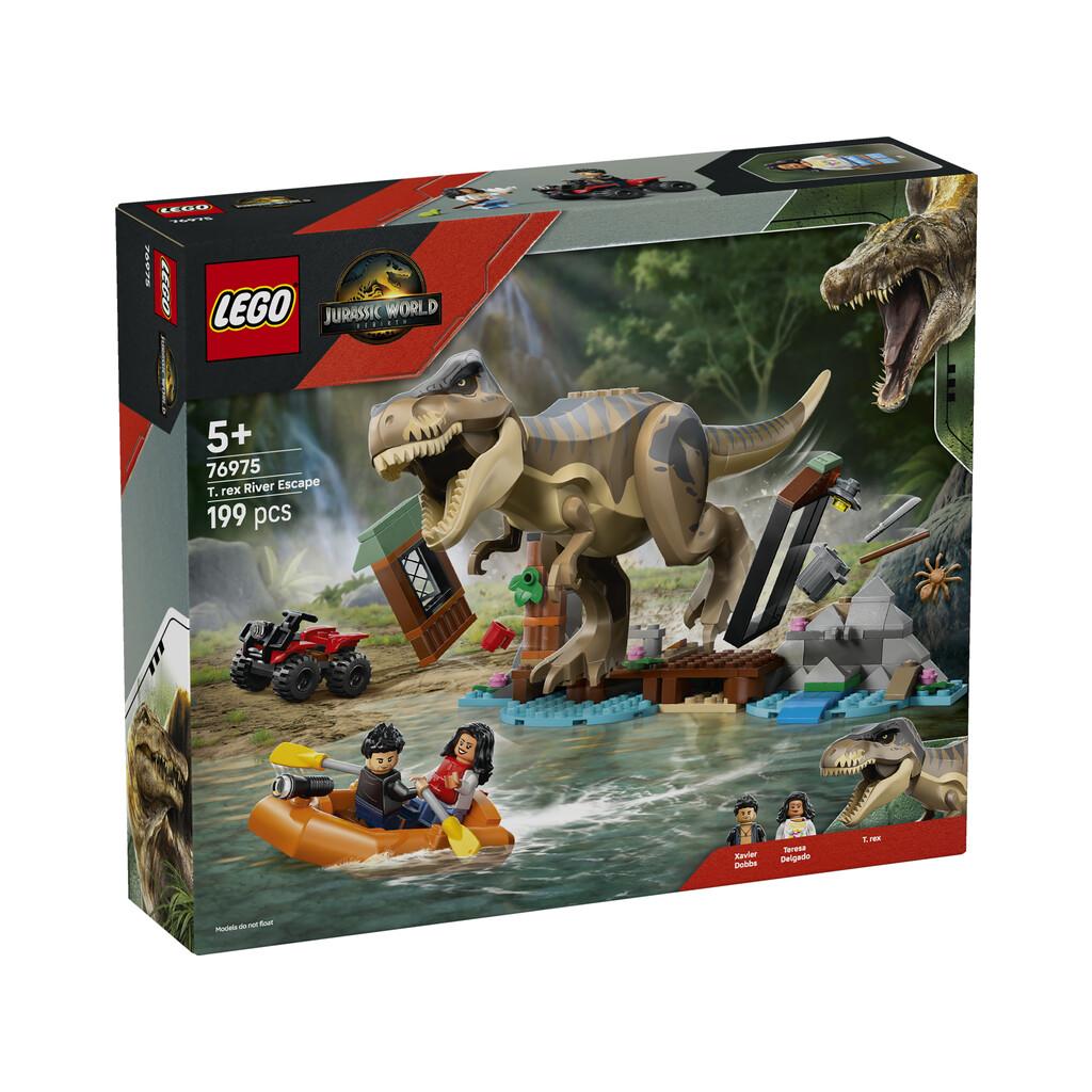 Lego Jurassic World Rebirth Huida por el Río y T. Rex a la Caza