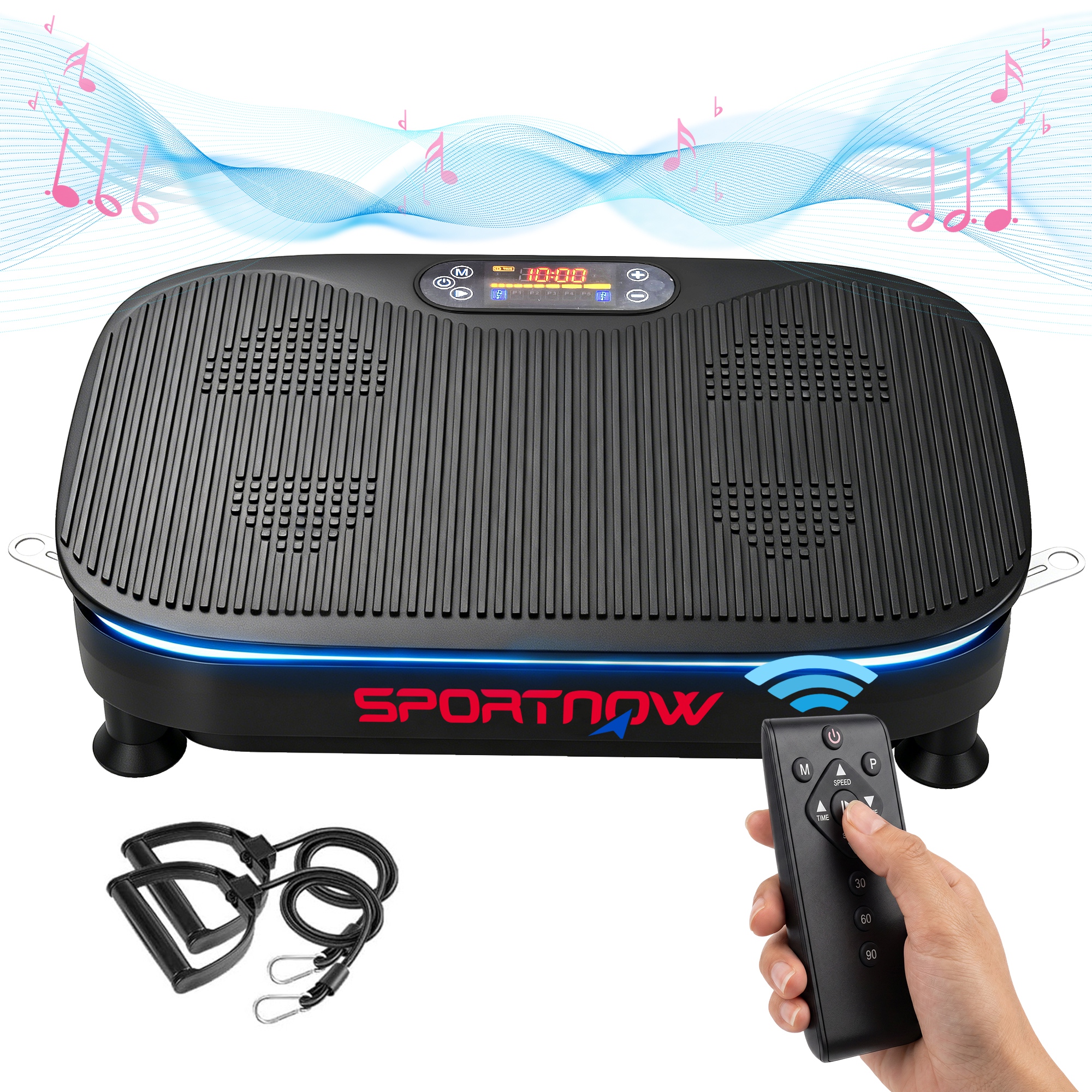 SPORTNOW Plataforma Vibratoria, 99 Velocidades, 3 Programas, Plataforma Vibración Muscular con Altavoz Bluetooth, Pantalla LED, Luces, Mando a Distancia, Bandas Elásticas, para Hacer Ejercicio en Casa