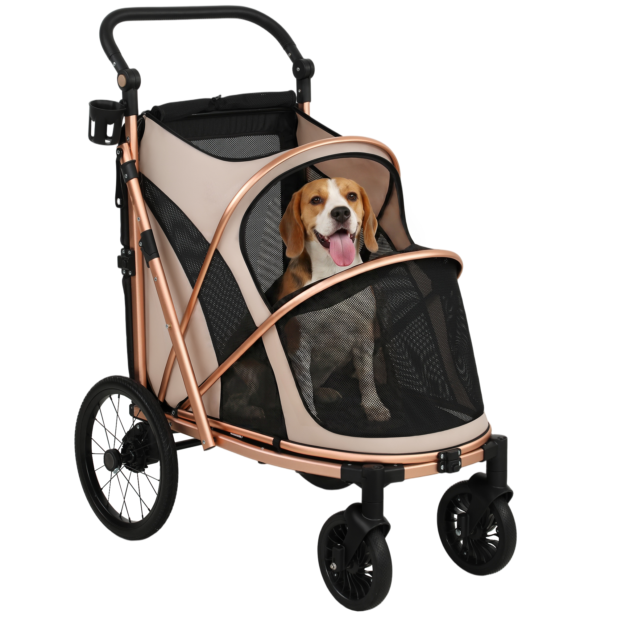 PawHut Carrito para Perros Plegable hasta 20 kg, Cochecito para Perros Medianos con Ruedas Grandes de Goma, Suspensión y Freno, Ventanas de Malla, Marco de Aluminio, Cojín, Correas, Marrón Claro