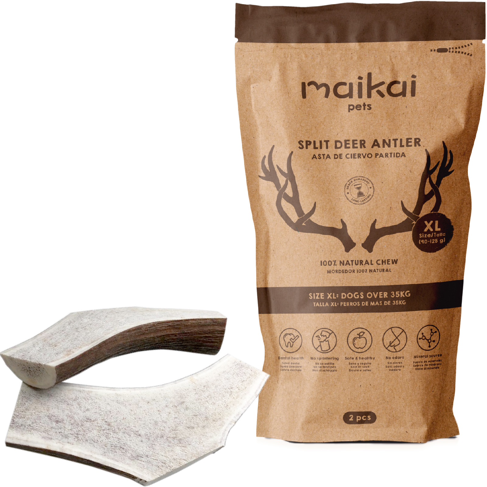 MAIKAI PETS - Asta de Ciervo Partida para Perro Pack de 2 - Mordedor Natural para Perros - Resistente  -  Juguete para Perros