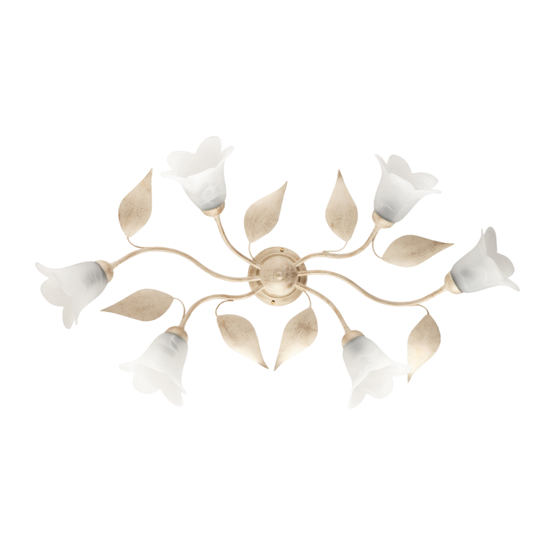Olga - Lámpara de techo en hierro lacado marfil con decoración. Difusores de oro antiguo y cristal d. 14 alabastro blanco 6 luces L. 70 X 52 - Belight
