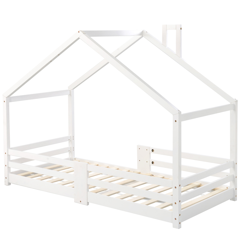Lit cabane enfant blanc 90 x 200 cm en pin massif avec cheminée décorative et barrières