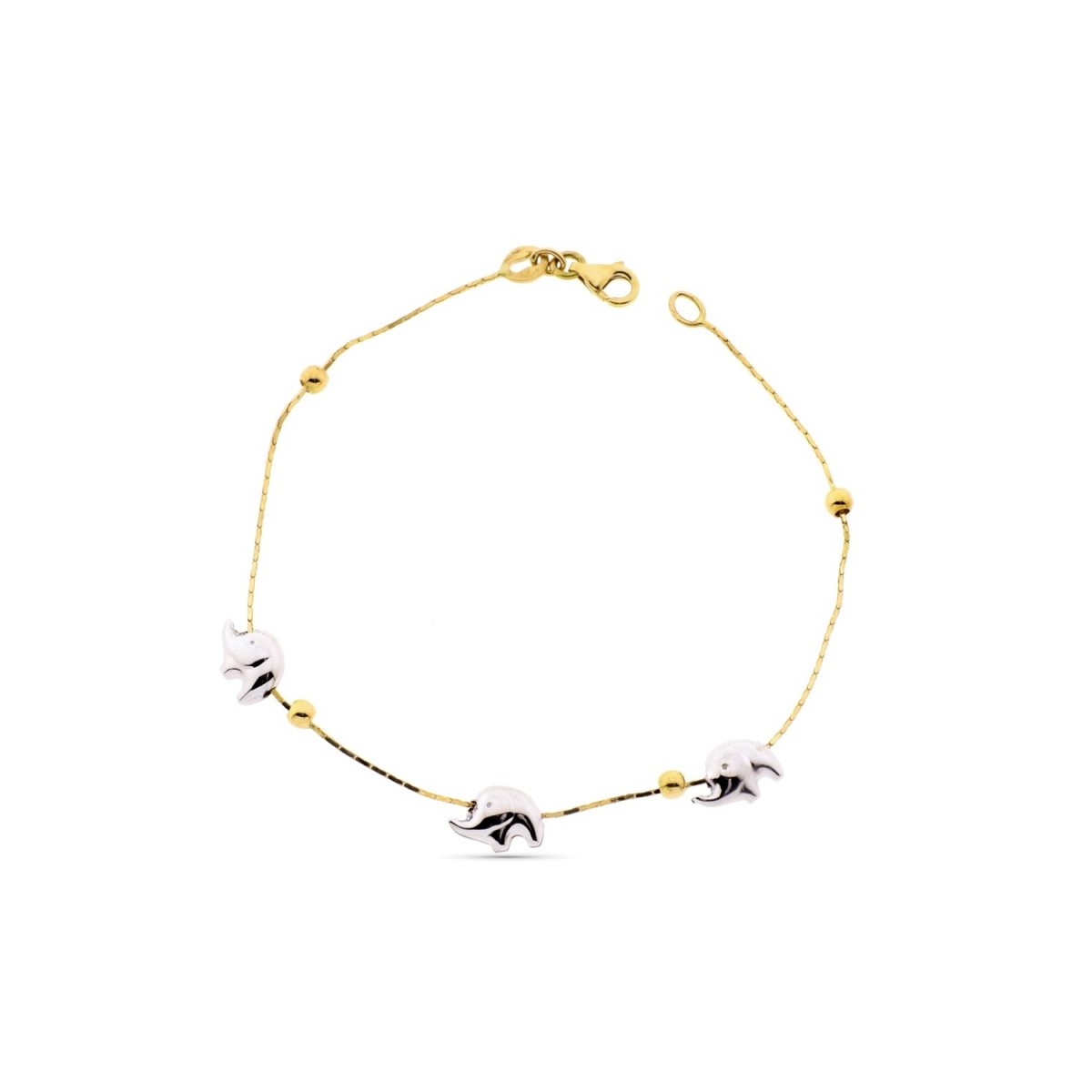 Pulsera oro bicolor 18k alterna elefantes bolas lisas cadena cierre mosquetón