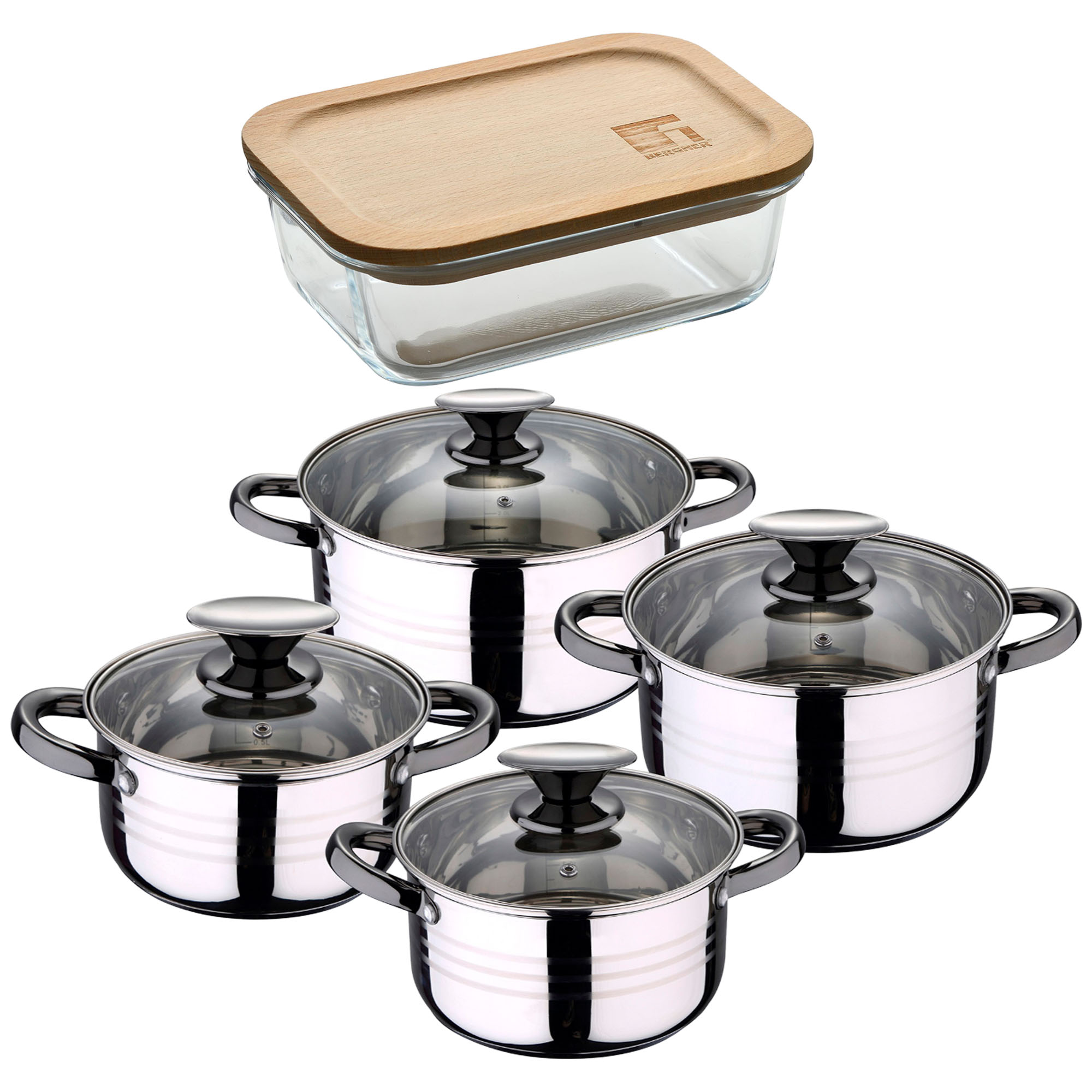 Bateria 8pc acero inoxidable apta para inducción Colección San Ignacio Premium +  Delantal de Cocina Gris oscuro 100% Algodón 75x80cm