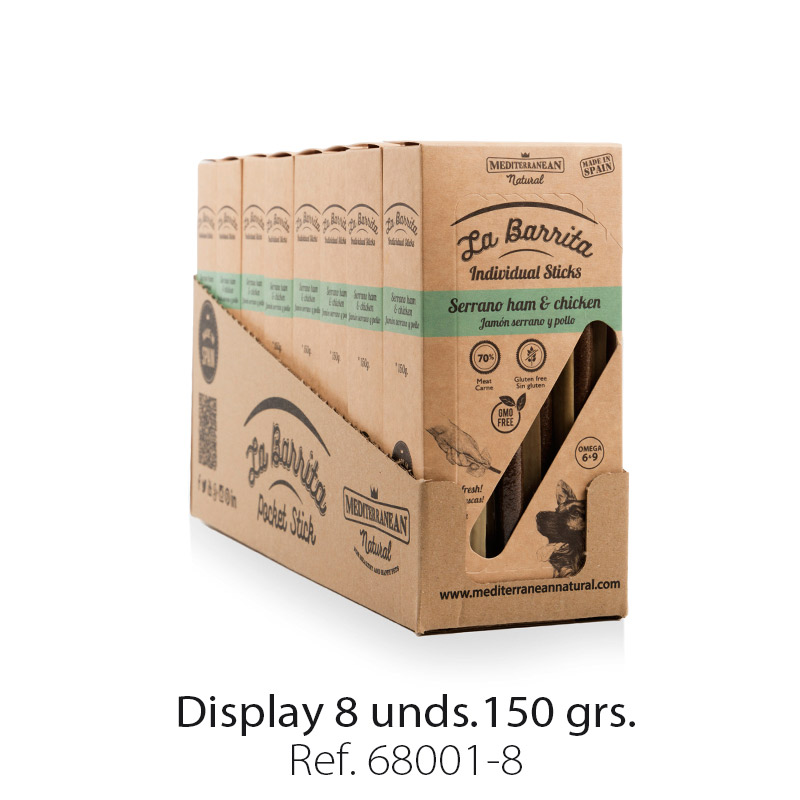 Snacks para Perros La Barrita Jamón Serrano Y Pollo Mediterranean Natural Display de 8 unds. 150 grs