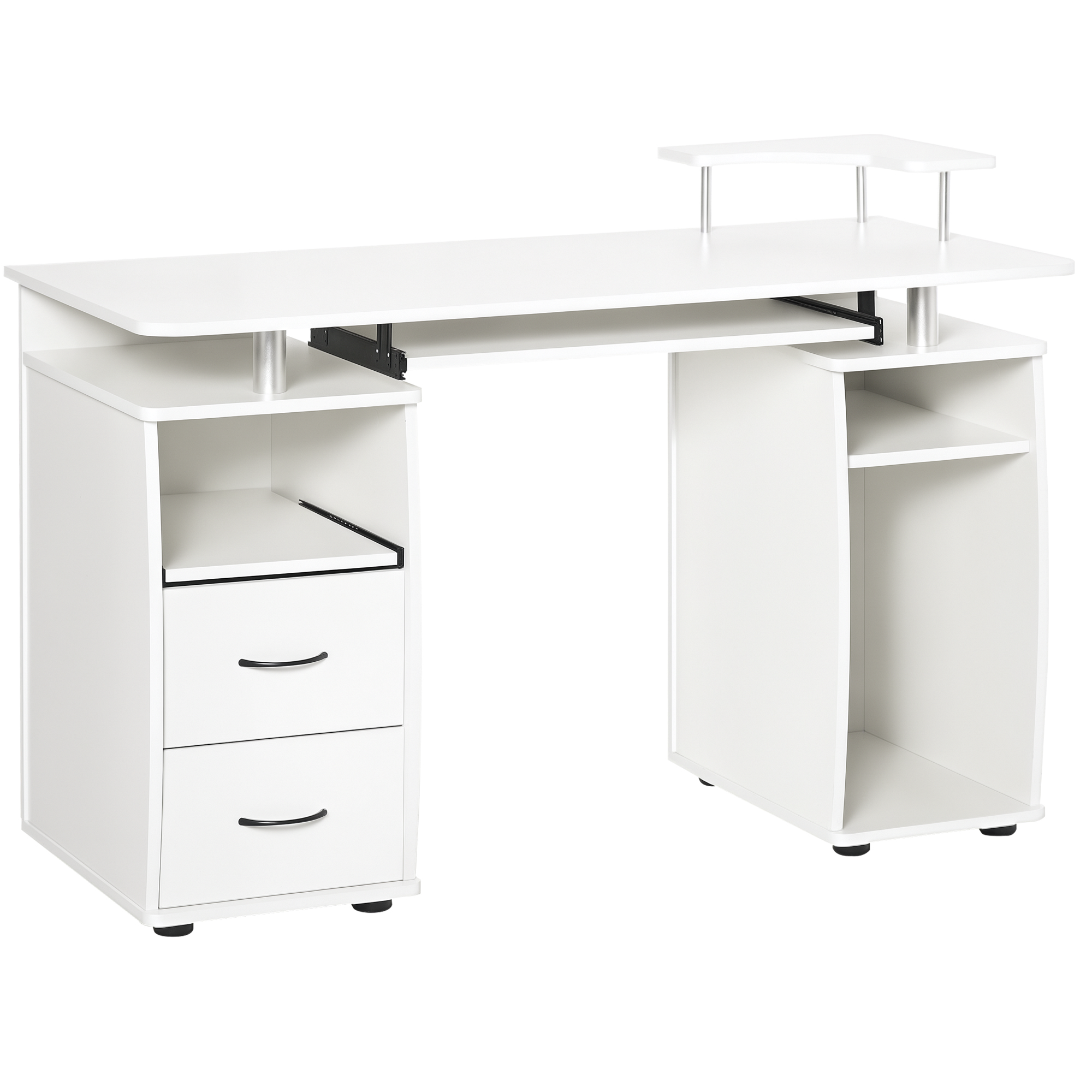 HOMCOM Escritorio con Estanterías Mesa de Ordenador con 2 Cajones Bandeja de Teclado Extraíble y Soporte para Monitor CPU para Oficina Estudio 120x55x85 cm Blanco