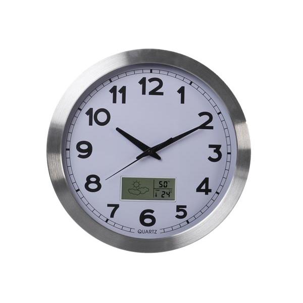 Perel Reloj de Pared, Redondo, analógico, 35 cm, Pantalla LCD con termómetro, higrómetro y disposiciones meteorológicas, Aluminio, Plata