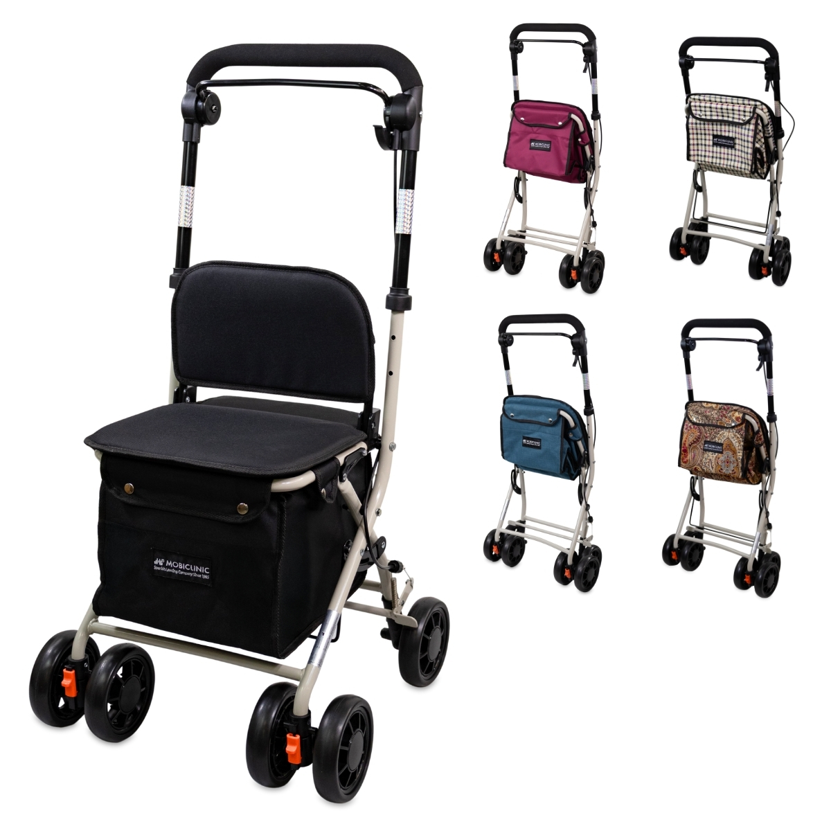 Mobiclinic® Carro de la compra con asiento Andador plegable Coliseo Monomando Acero Respaldo y Asiento acolchado Marca Española Sistema de frenado con Bolsa de la compra Ruedas 360º
