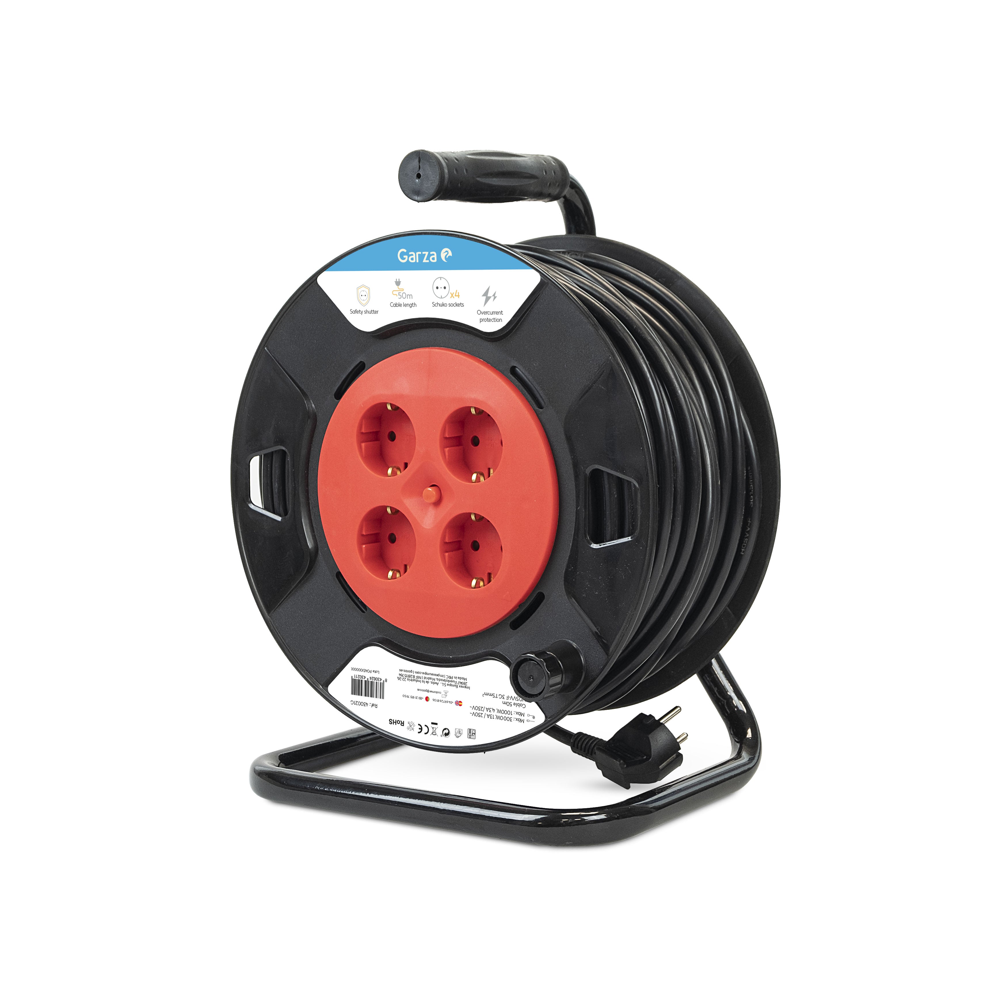 Garza - Enrolla cables doméstico interior rojo y negro, 4 tomas con toma de tierra, cable 50 metros, protección contra sobretensión y sobrecalentamiento, protección infantil, garantía 3 años