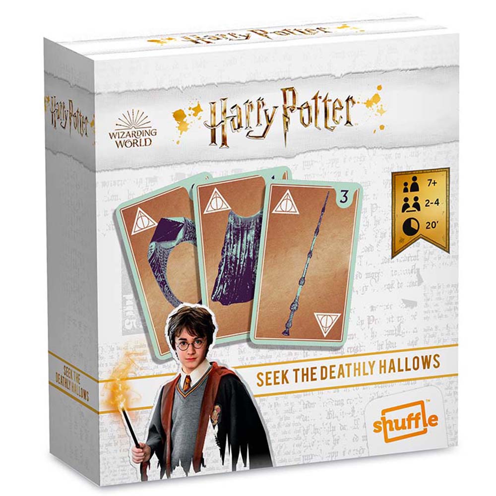 Fournier Cartamundi Shuffle Juego de 55 cartas Harry Potter Las reliquias de la muerte Objetos Varita Pócima A partir de 7 años De 2 a 4 jugadores Partidas de 20 minutos Instrucciones multi idioma Juego mesa Jugar Niños Familia Playa Piscina Camping