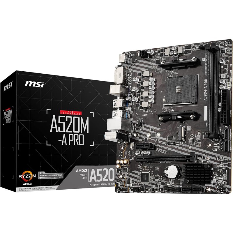 Placa base MSI A520M-A PRO mATX - Soporta procesadores AMD Ryzen de 3ra generación, AM4, DDR4 Boost (4600MHz/OC)