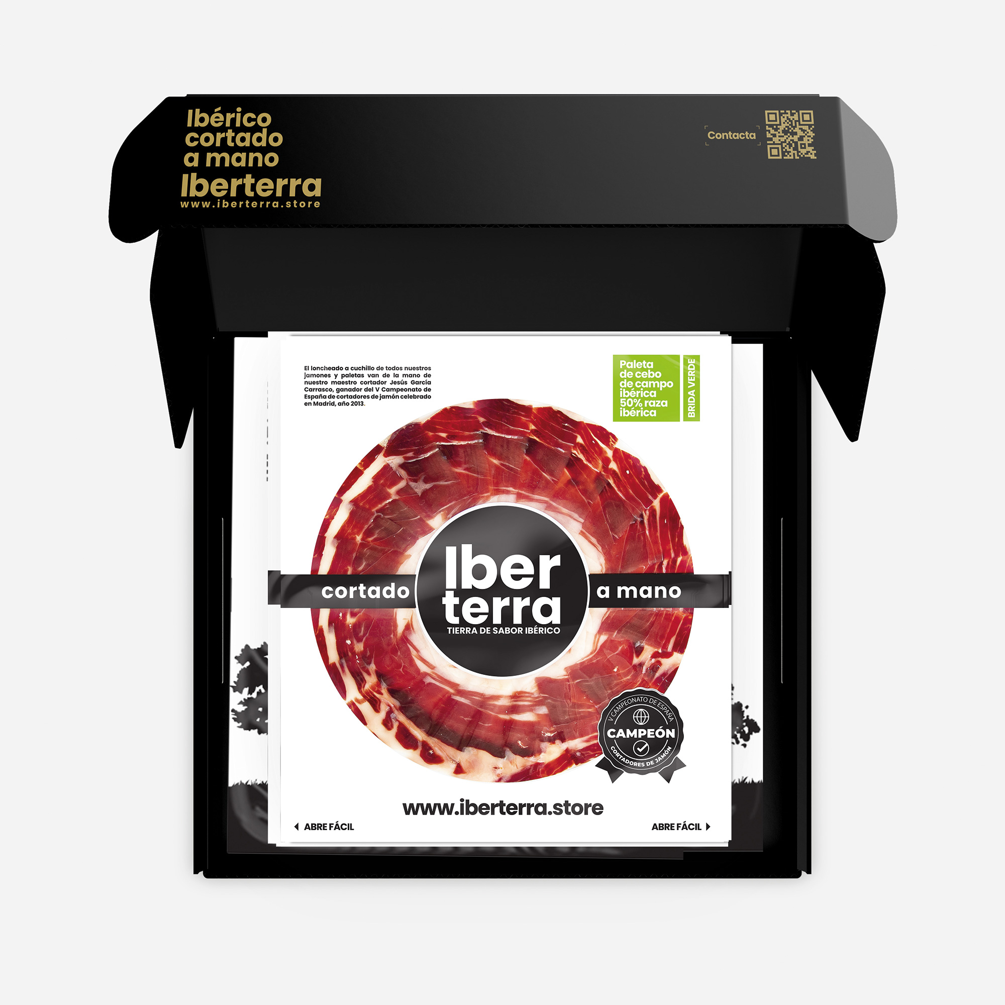 Paleta Cebo Campo 50% Ibérico loncheado a cuchillo envasado al vacío IBERTERRA. 5 sobres x 100 grs y 24 meses de curación.