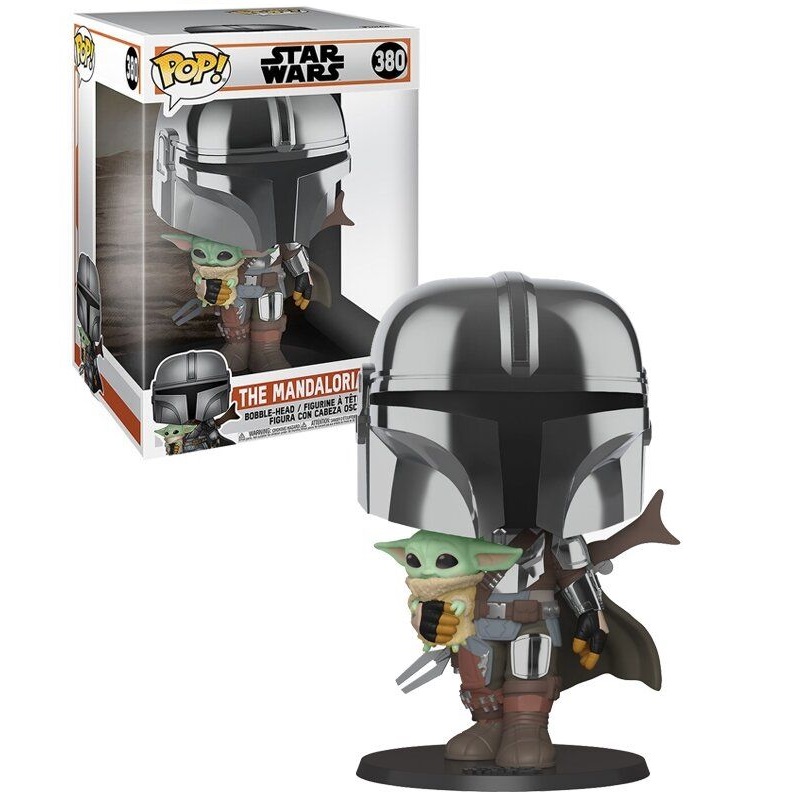 Funko Pop!The Mandalorian - El Mandaloriano Cromado con El Niño 25 cm, Tienda con Licencia Oficial 49931, Nº380