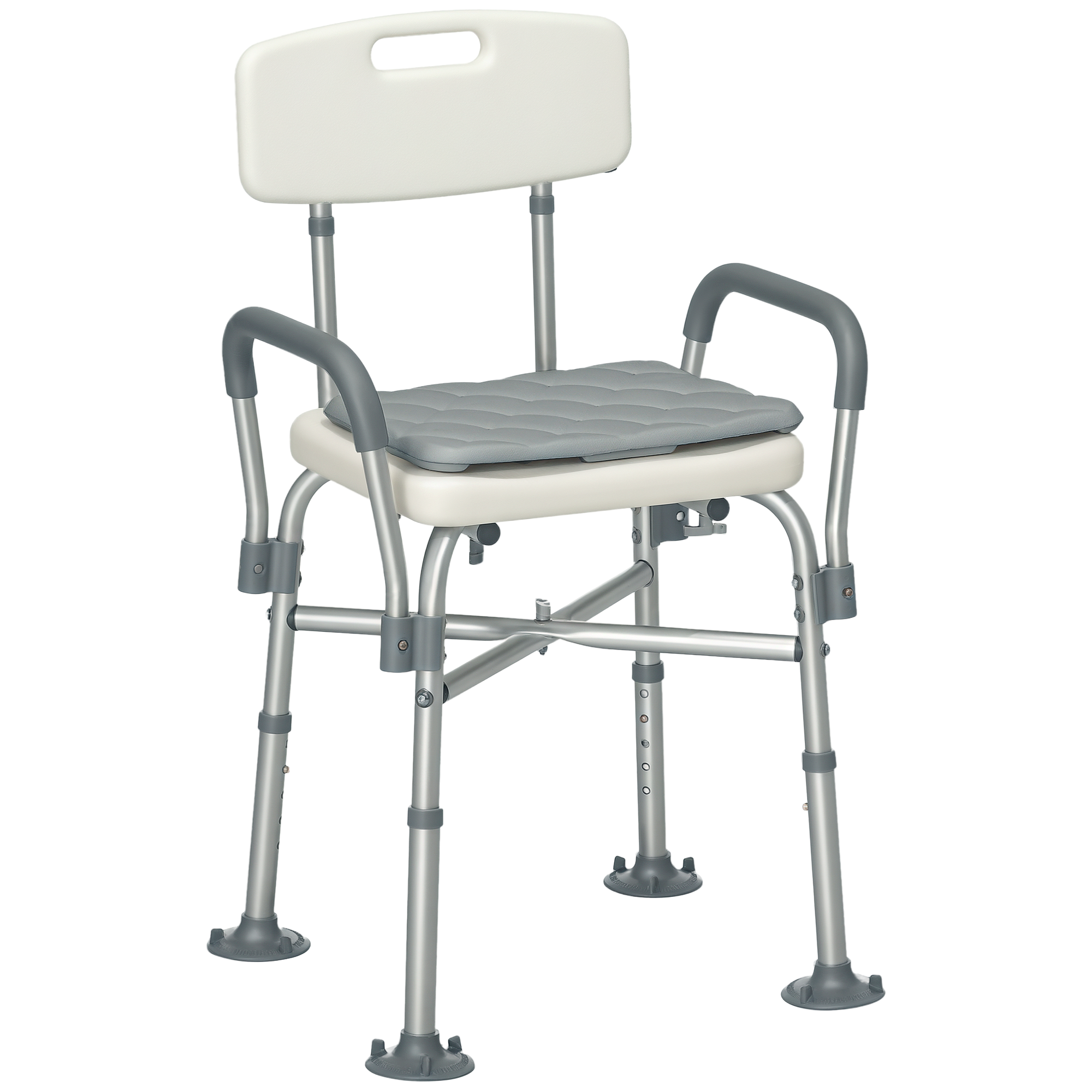 HOMCOM Silla Ducha Personas Mayores con Respaldo, Silla de Ducha Antideslizante con Reposabrazos, Altura Ajustable, Cojín Acolchado Extraíble, Carga 136 kg, para Ancianos y Discapacitados