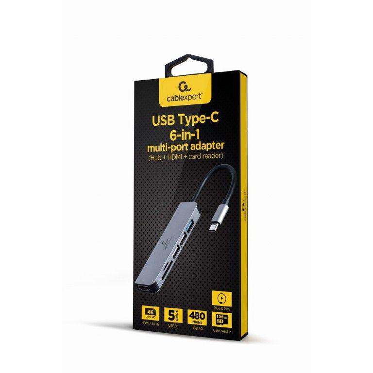 Gembird - Adaptador Multipuerto USB Tipo-C 6 en 1 CA1132552 con 3 puertos USB 3.2, HDMI 4K@30Hz y lector SD/MicroSD para laptops y tablets, diseño en aluminio, Plug and Play sin drivers
