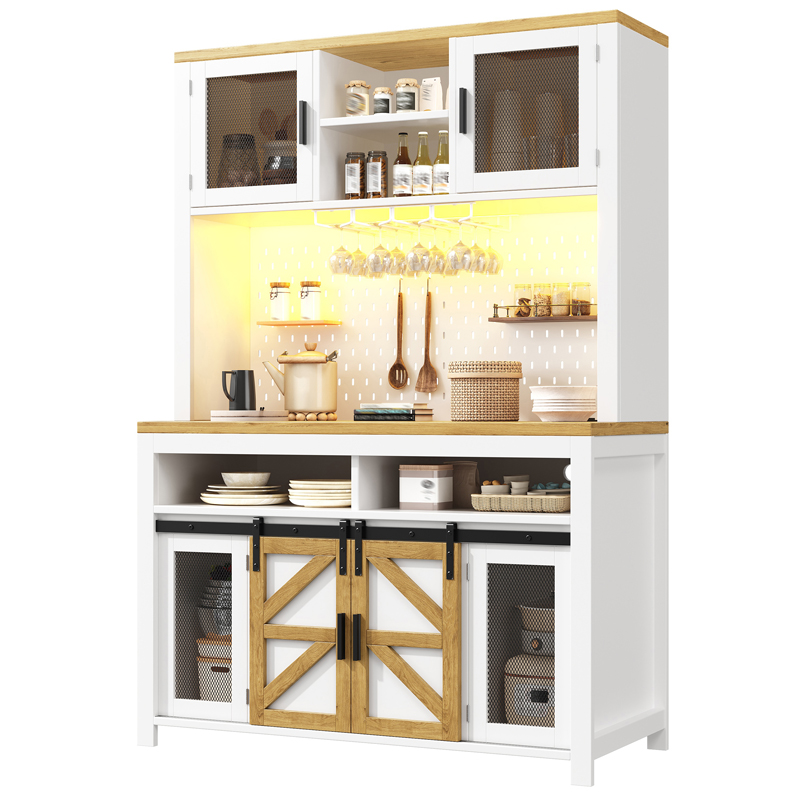 Armoire haute de cuisine blanche avec plan de travail, rangements, éclairage LED, prise électrique et port USB
