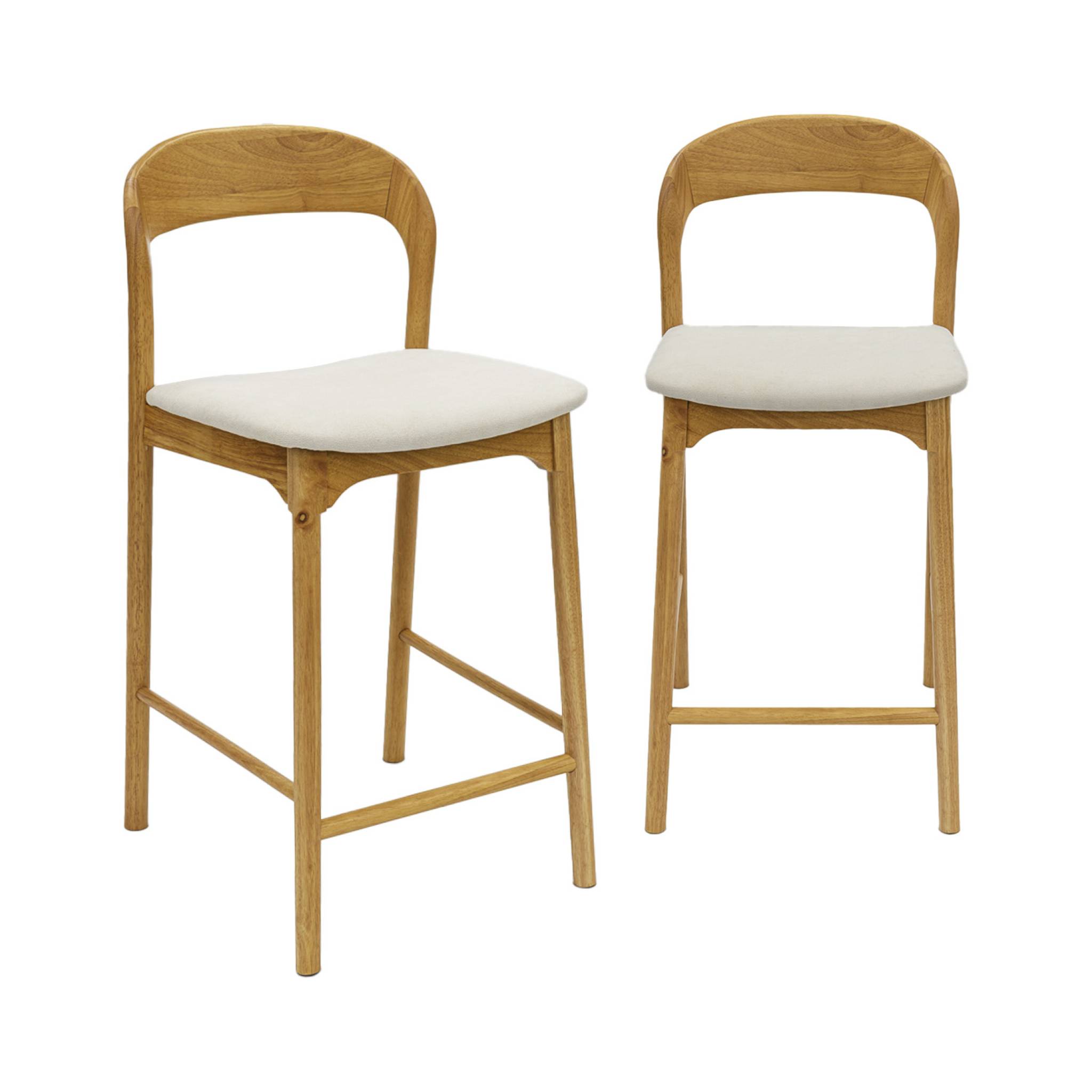 sweeek - Taburete de bar vintage de madera de hevea y tela, set de 2 Natural - 58.5x46.5x95.5 cm