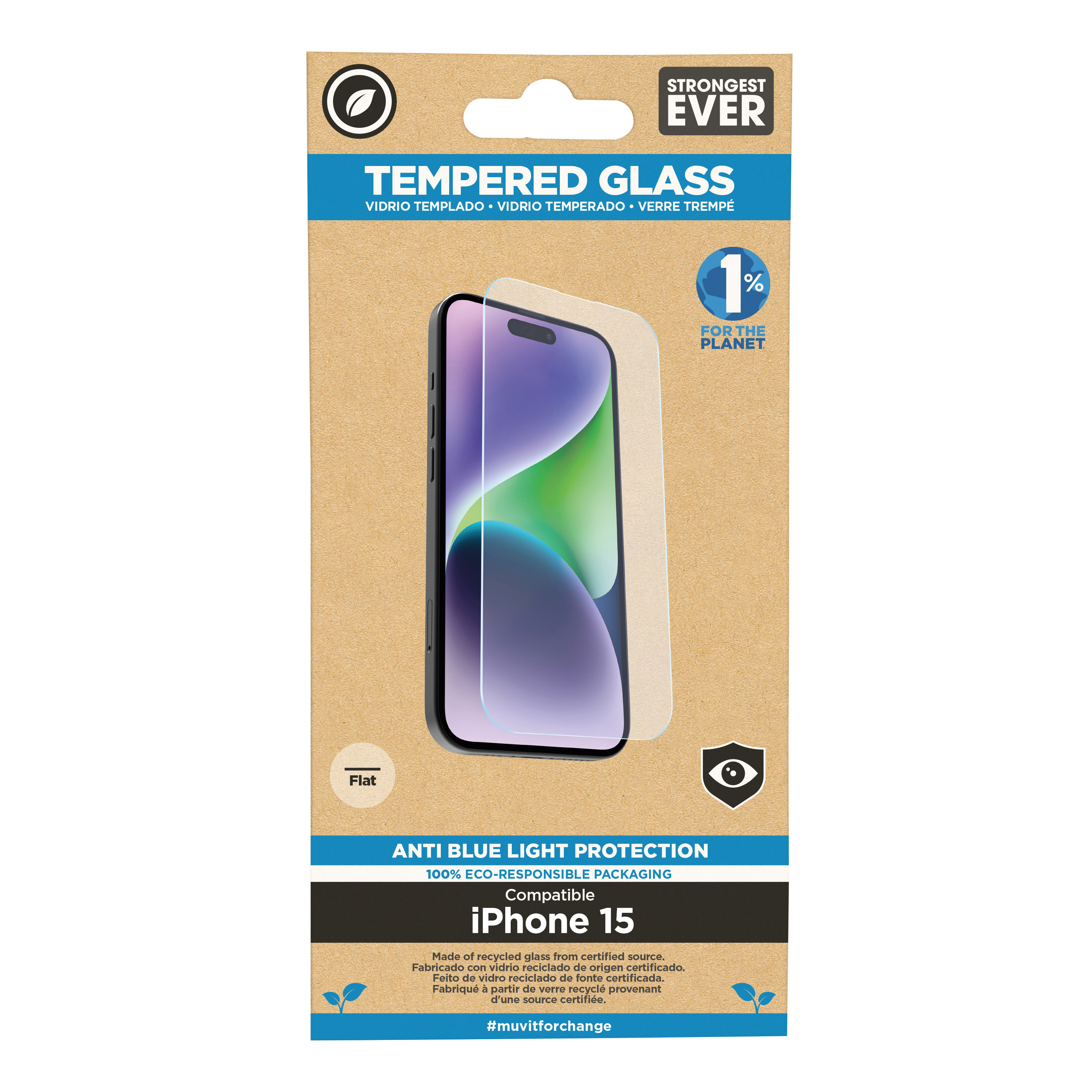 muvit for change protector pantalla recycletek anti-blue light compatible con Apple iPhone 15 vidrio templado plano
