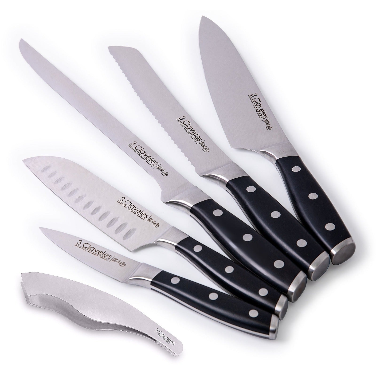 3 Claveles Toledo - Set de 5 Cuchillos Forjados en Acero Inoxidable con Pinzas Jamón 14 cm