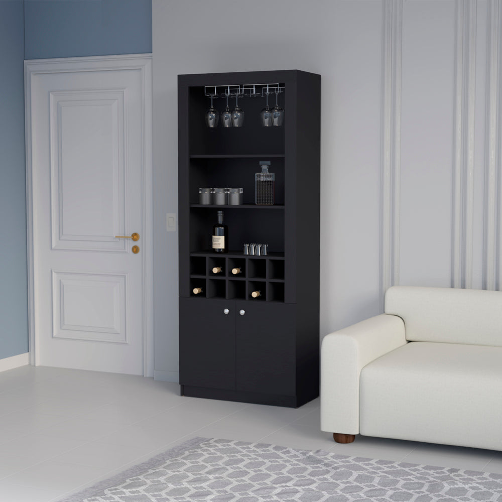 Mueble Bar Nebo en melamina con 4 estantes , 2 puertas , 10 portabotellas y 8 portacopas , negro , 190 cm  X 75 cm  X 36.5 cm