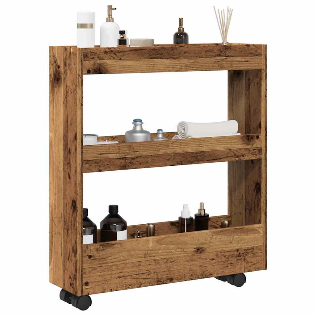 vidaXL Carro de almacenaje estrecho 3 niveles madera ingeniería en color Blanco/Madera antigua/Roble Sonoma y más