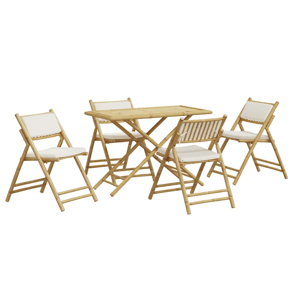 vidaXL Juego de bistró plegable con cojines 5 pzas bambú blanco crema