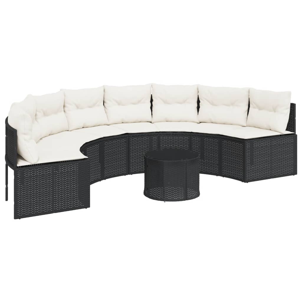 vidaXL Sofá de jardín semicircular con mesa y cojines ratán PE negro