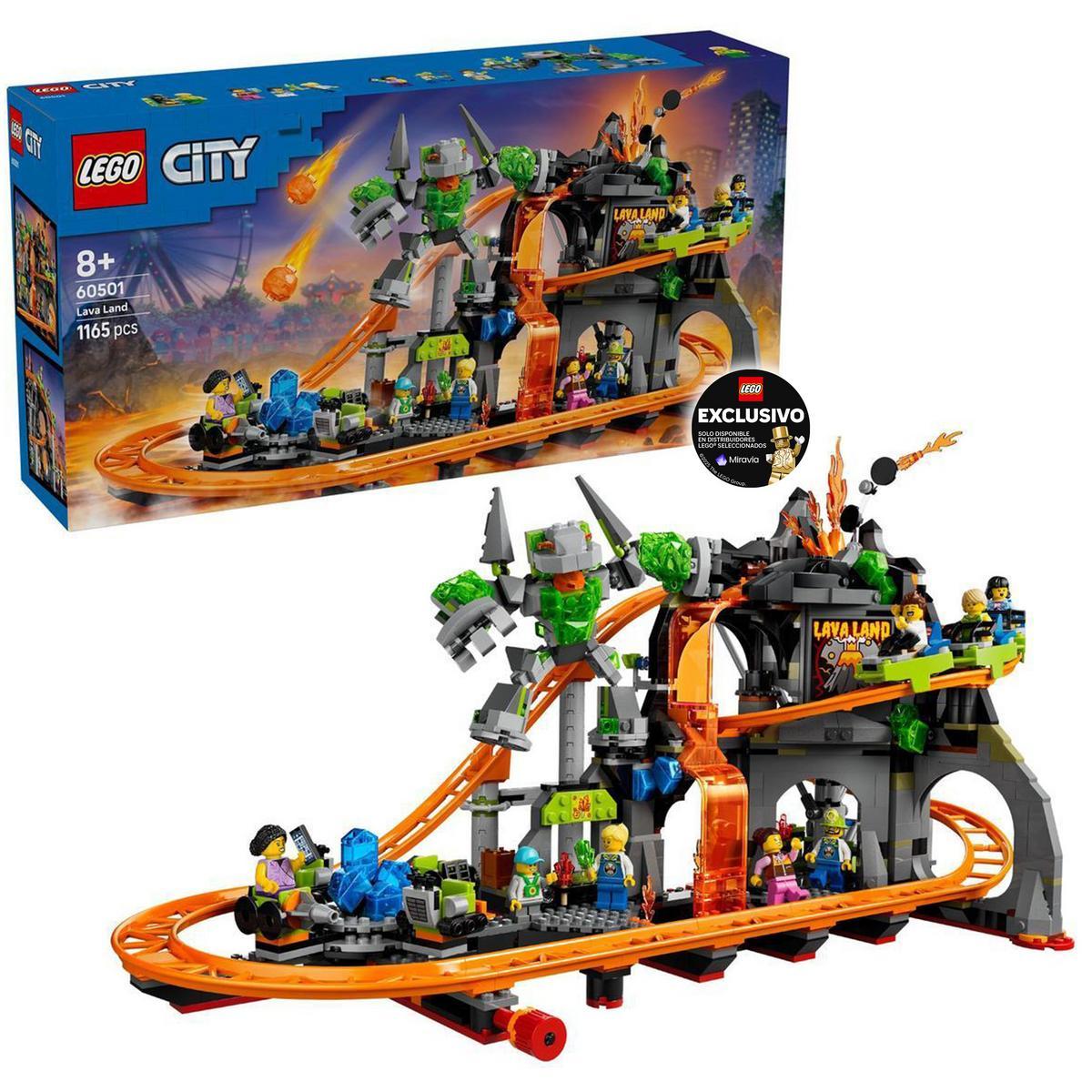(PREVENTA) (EXCLUSIVO MIRAVIA) LEGO® 60501 City Montaña Rusa del Parque Lava Land de Juguete - con Vagonetas y Figura Articulada de Monstruo