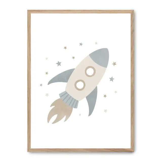 Cuadro rocket i 30x40cm, Póster impreso en papel de primera calidad de 180gr, montado sobre marco de madera MDF acabado roble., Infantil - Bebé