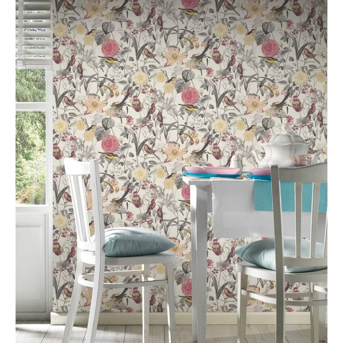 Papel pintado vinílico lavable con dibujo de flores y pájaros con estilo inglés - Victoria Blossom 126370 de GAULAN - Rollo de 10 m x 0,53 m