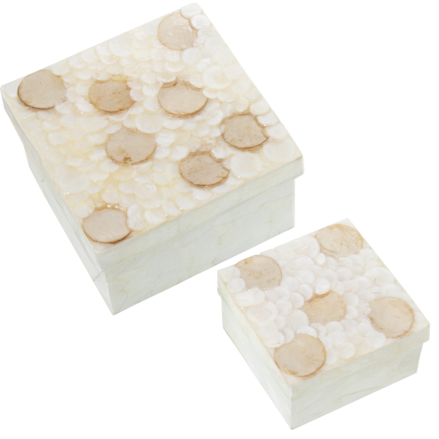 Set 2 cajas nacar circulos natural, tostado 13x13x8cm y 9x9x6cm