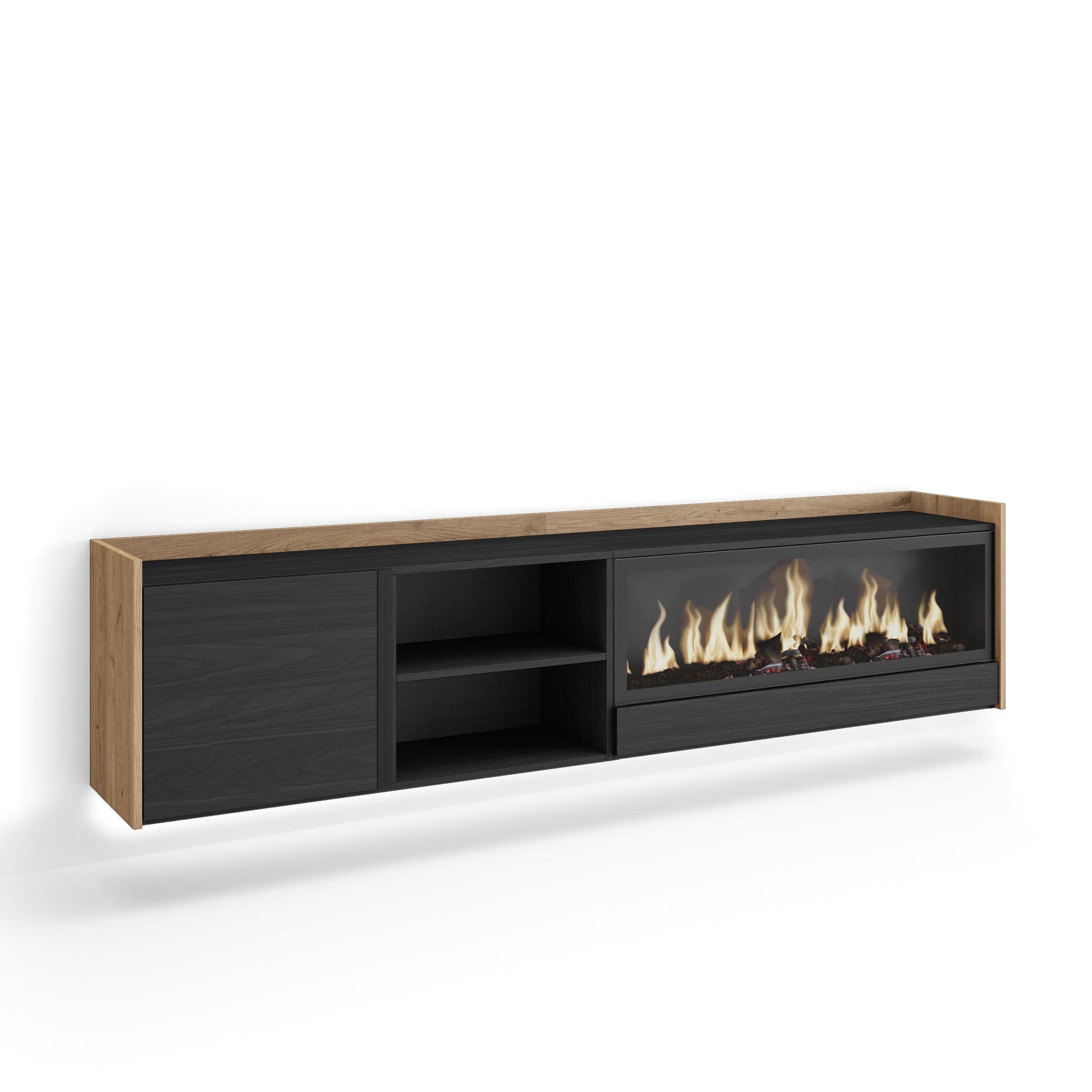 Mueble TV, Televisión, 212x35x50cm, Para TV hasta 80", Chimenea eléctrica XXL, Colgado, Suspendido, LED