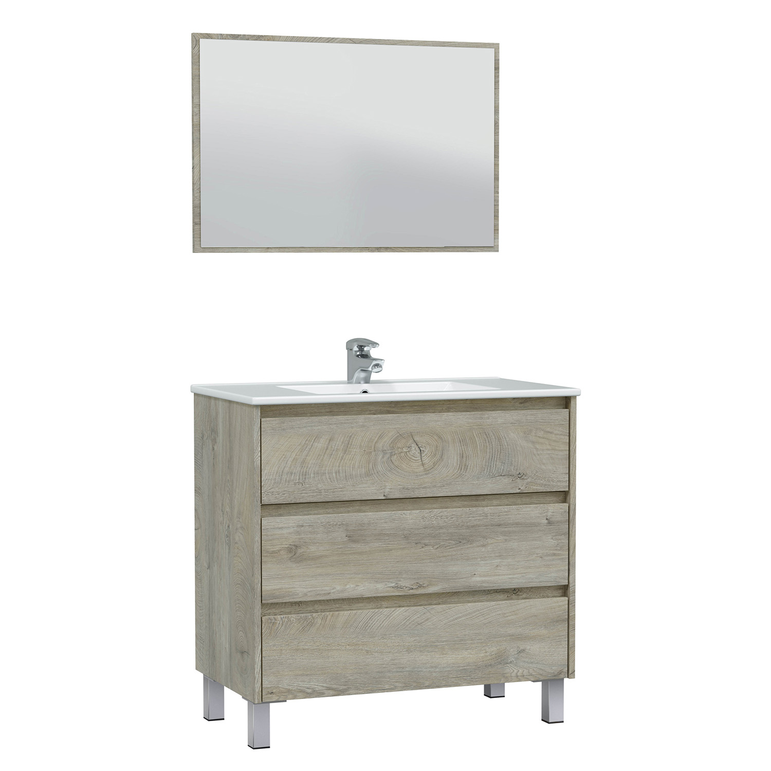 VS Venta-Stock - Mueble de baño modelo Devin 3 cajones, 100cm color Alaska con espejo, sin lavabo