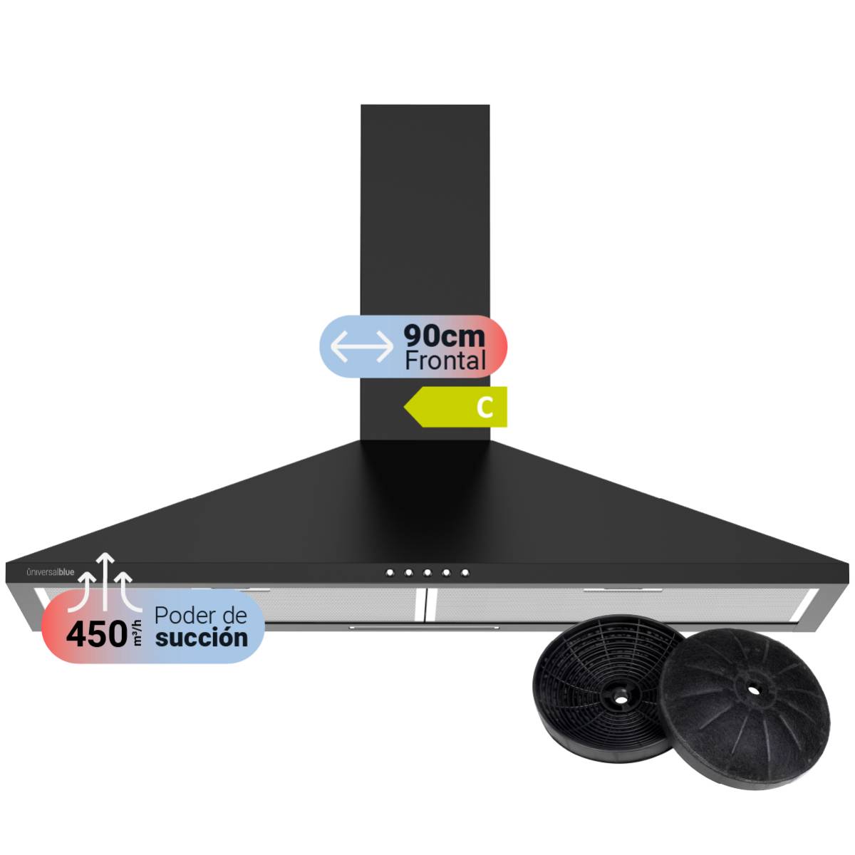 UNIVERSALBLUE Campana Piramidal EVEREST 6090B 90 Cm Negra - Absorbe Humos - Control por Botones - Nivel de Ruido 63 Db