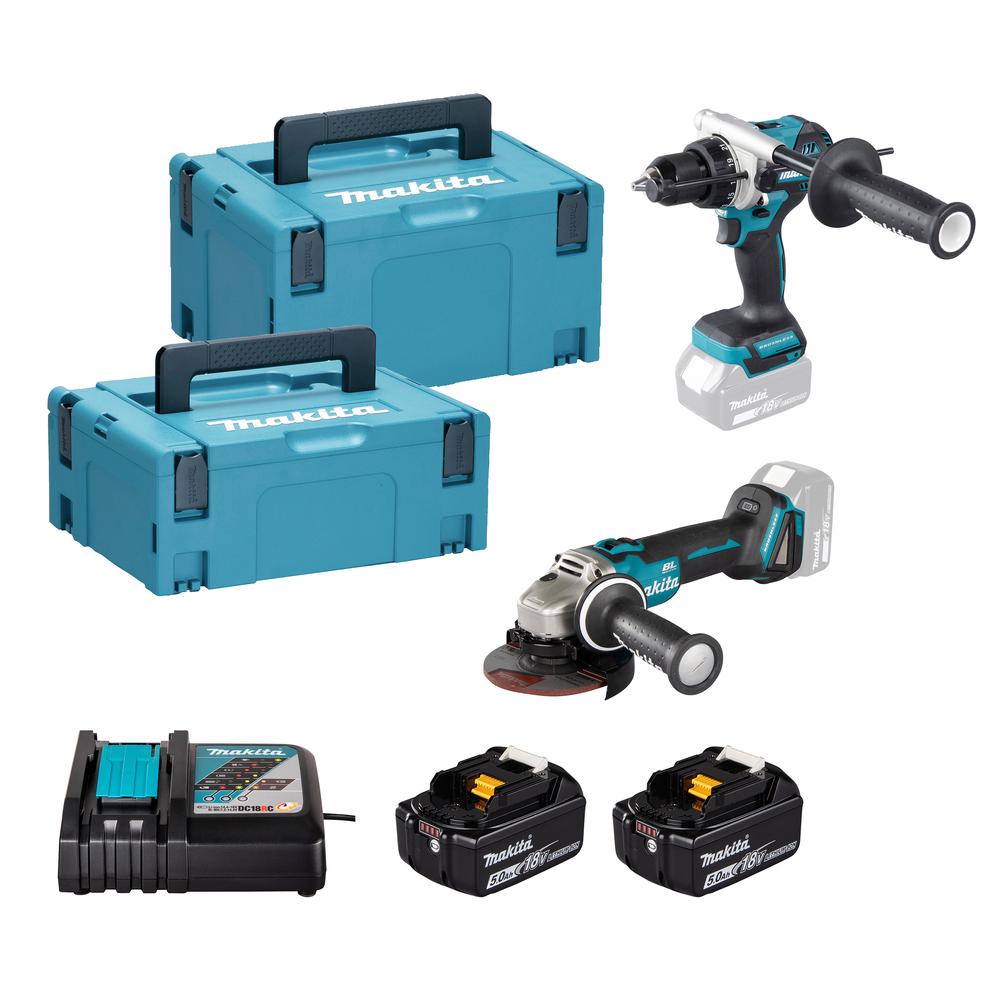 MAKITA DLX2552TJ - Kit combinado DHP492Z + DGA504Z + 2 Baterías BL1850B + Cargador DC18RC + Maletines Makpac 2 y 3