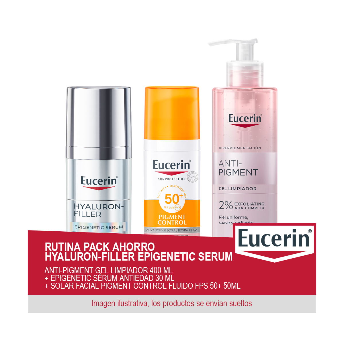 EUCERIN Rutina Pack Ahorro Hyaluron-Filler Epigenetic Serum - Contiene Anti-Pigment Gel Limpiador 400 ml + Epigenetic Sérum Antiedad 30 ml + Solar Facial Pigment Control Fluido FPS 50+ 50ml