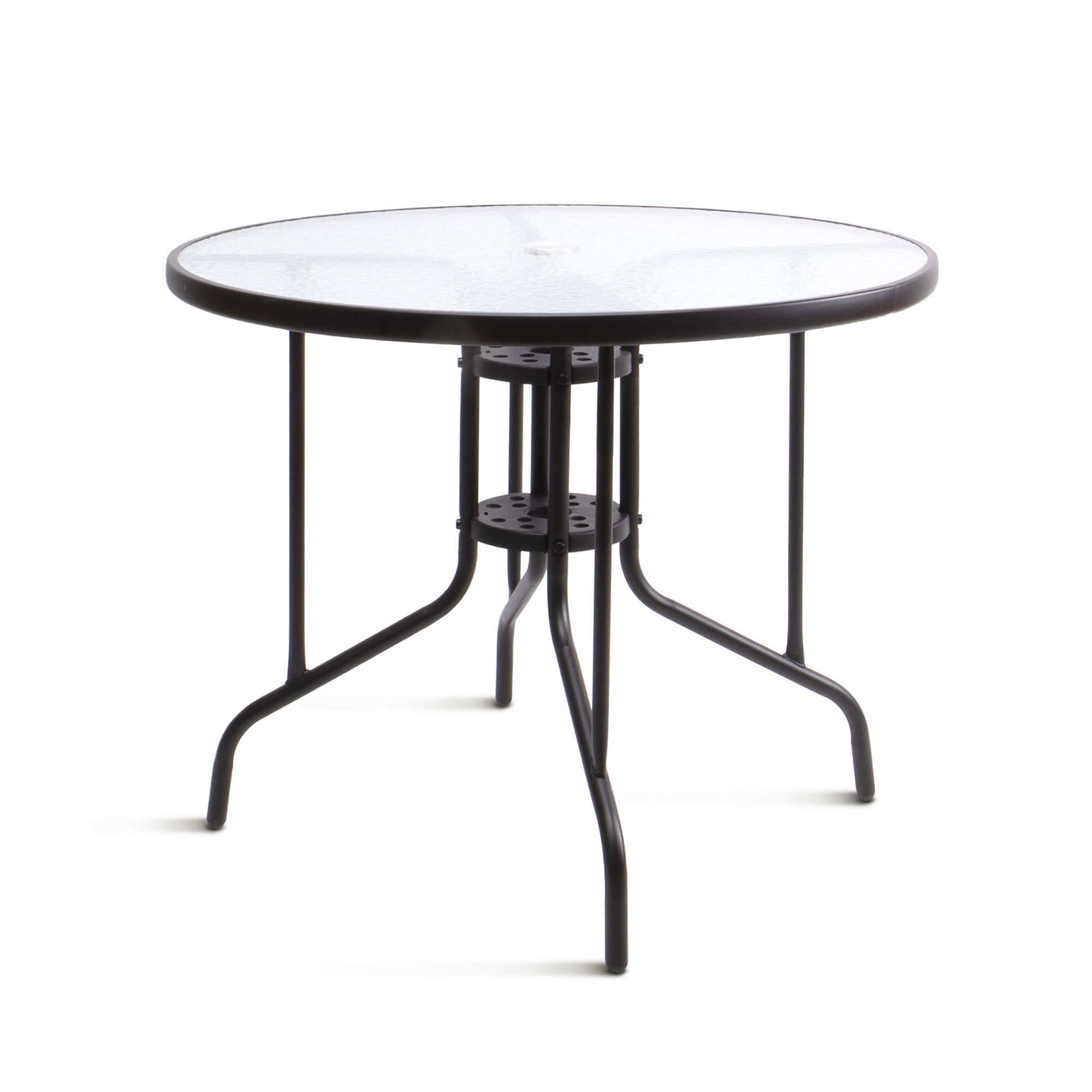 THE SECRET HOME - Mesa Redonda de Metal con Base de Cristal Texturizado - Diámetro. Ø90 x Alto. 70 cm - Mesa para Exteriores - Ideal para Jardín, Terraza, Patio o Balcón (Negro)