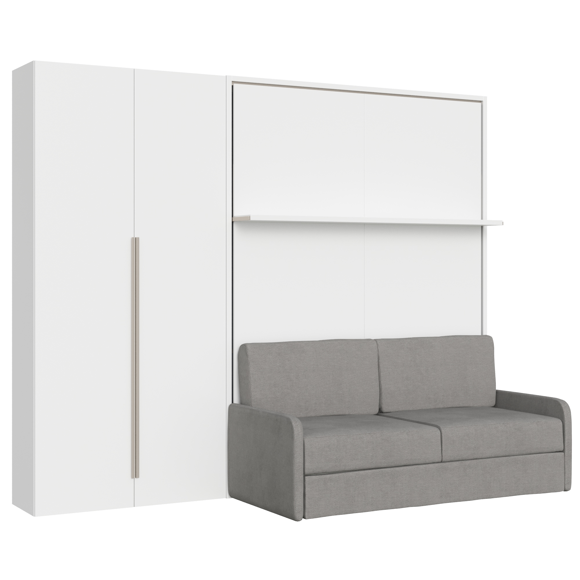 Cama doble abatible vertical Versia Sofà 160 con sofá, estante y armario izquierdo 2 puertas Blanco - Itamoby